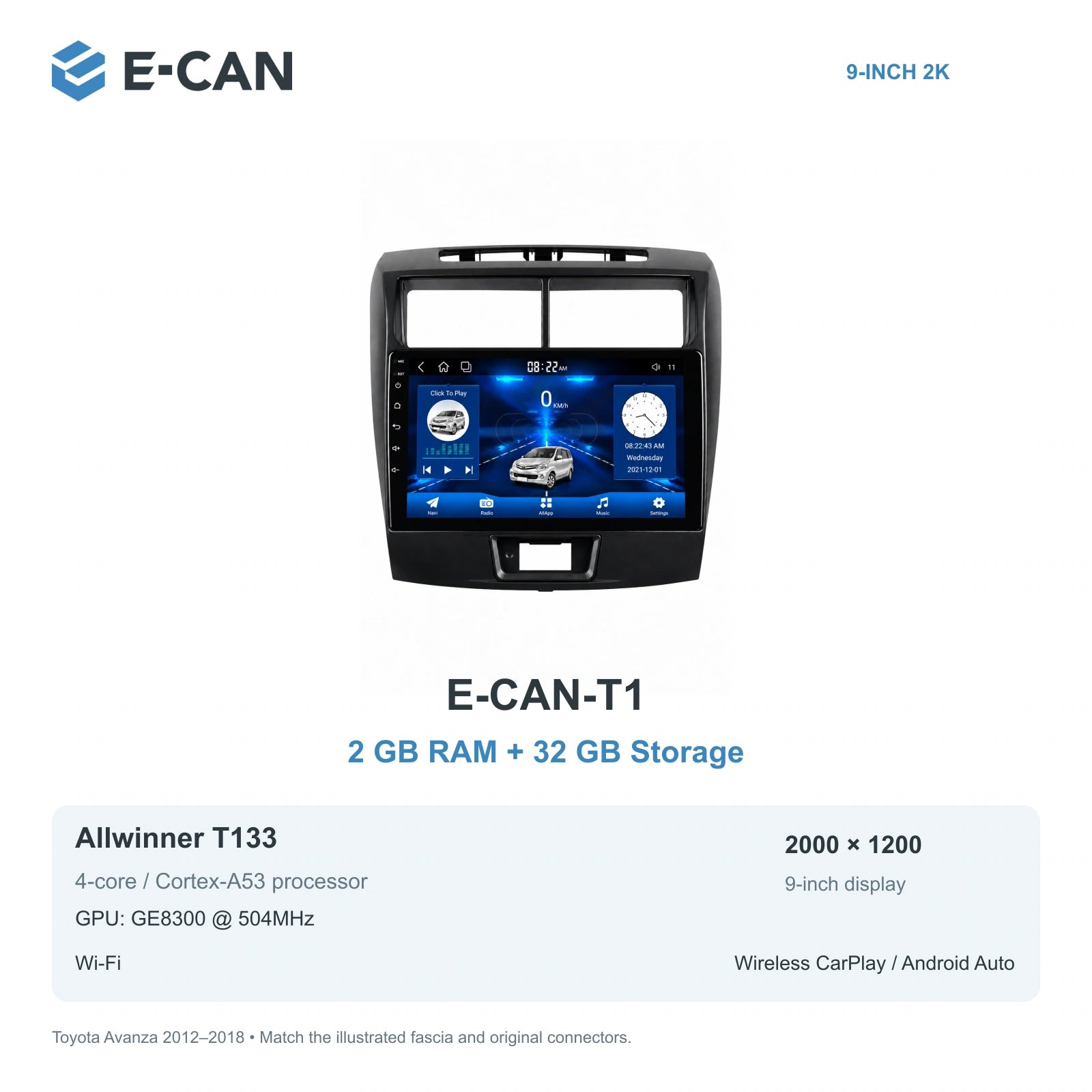 E-CAN Toyota avanza 9-inch · 2012–2018 matched fascia E-CAN-T1 2GB + 32GB