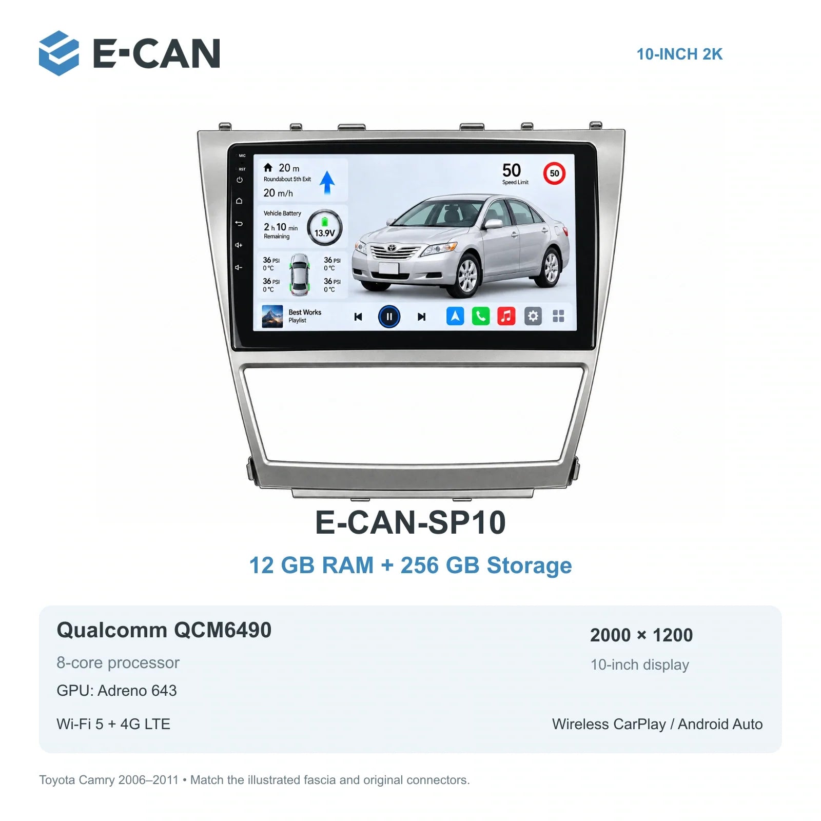 E-CAN Toyota Camry XV40 10-inch climate-opening fascia E-CAN-SP10 12GB + 256GB