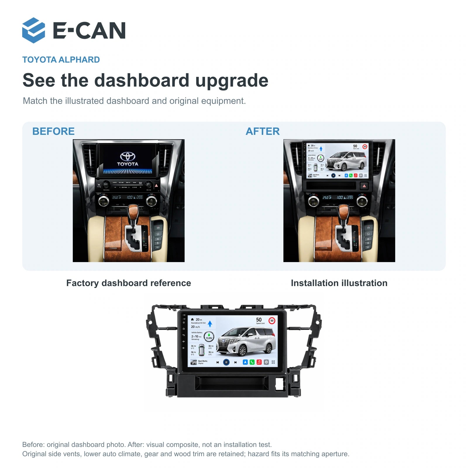E-CAN Toyota alphard 10-inch · 2016–2018 matched fascia factory dashboard and installation illustration