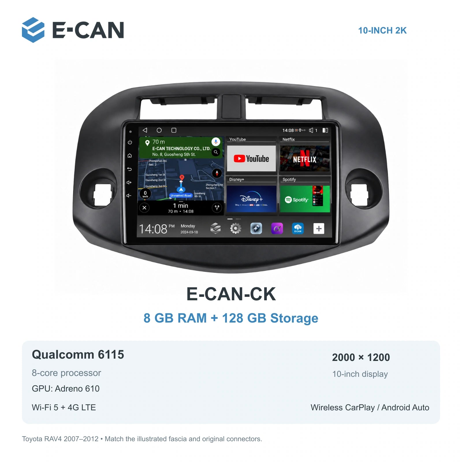 E-CAN Toyota rav4 10-inch · 2007–2012 matched fascia E-CAN-CK 8GB + 128GB