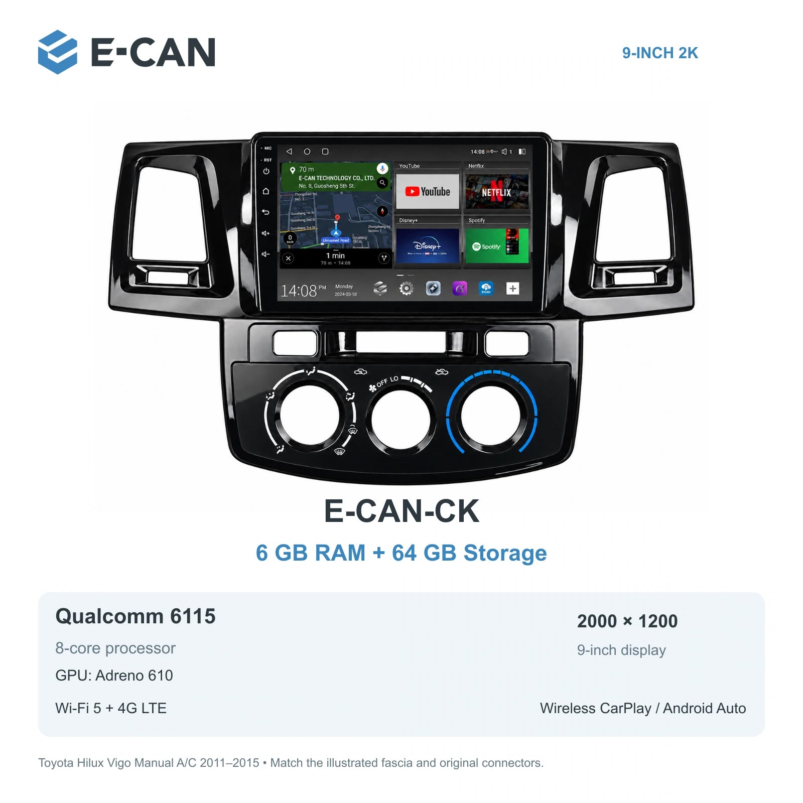 E-CAN Toyota hilux 9-inch · 2011–2015 matched fascia E-CAN-CK 6GB + 64GB