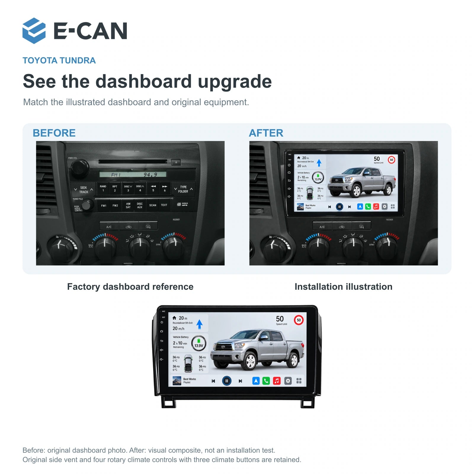 E-CAN Toyota tundra 10-inch · 2007–2013 matched fascia factory dashboard and installation illustration