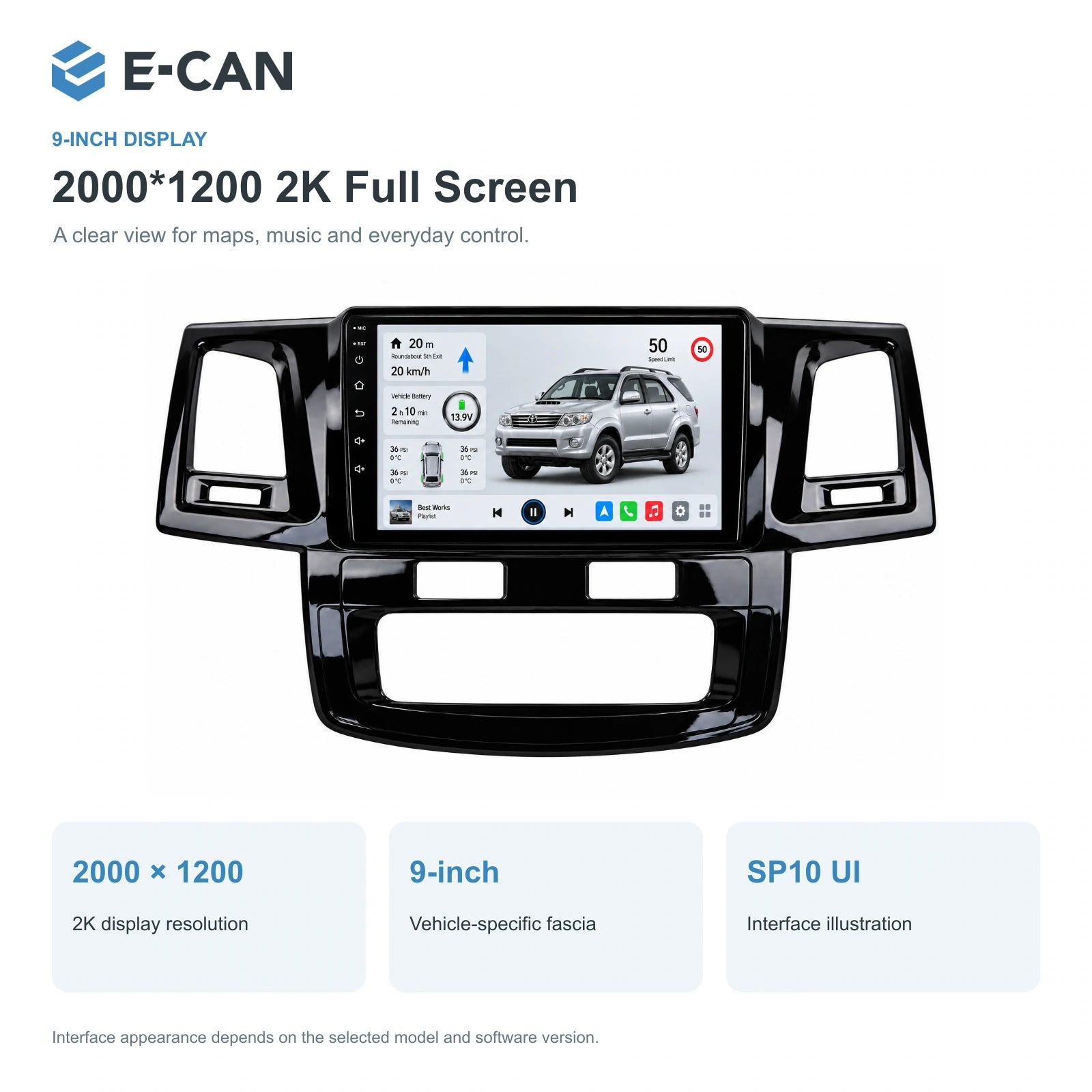E-CAN Toyota fortuner 9-inch · 2009–2015 matched fascia feature