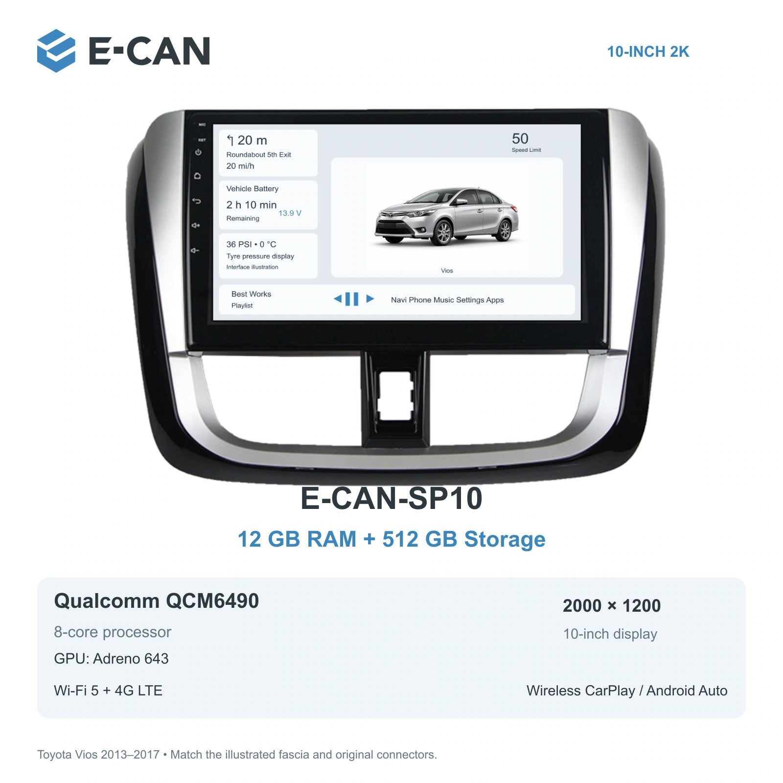 E-CAN Toyota vios Full U-shaped fascia · 2013–2017 E-CAN-SP10 12GB + 512GB