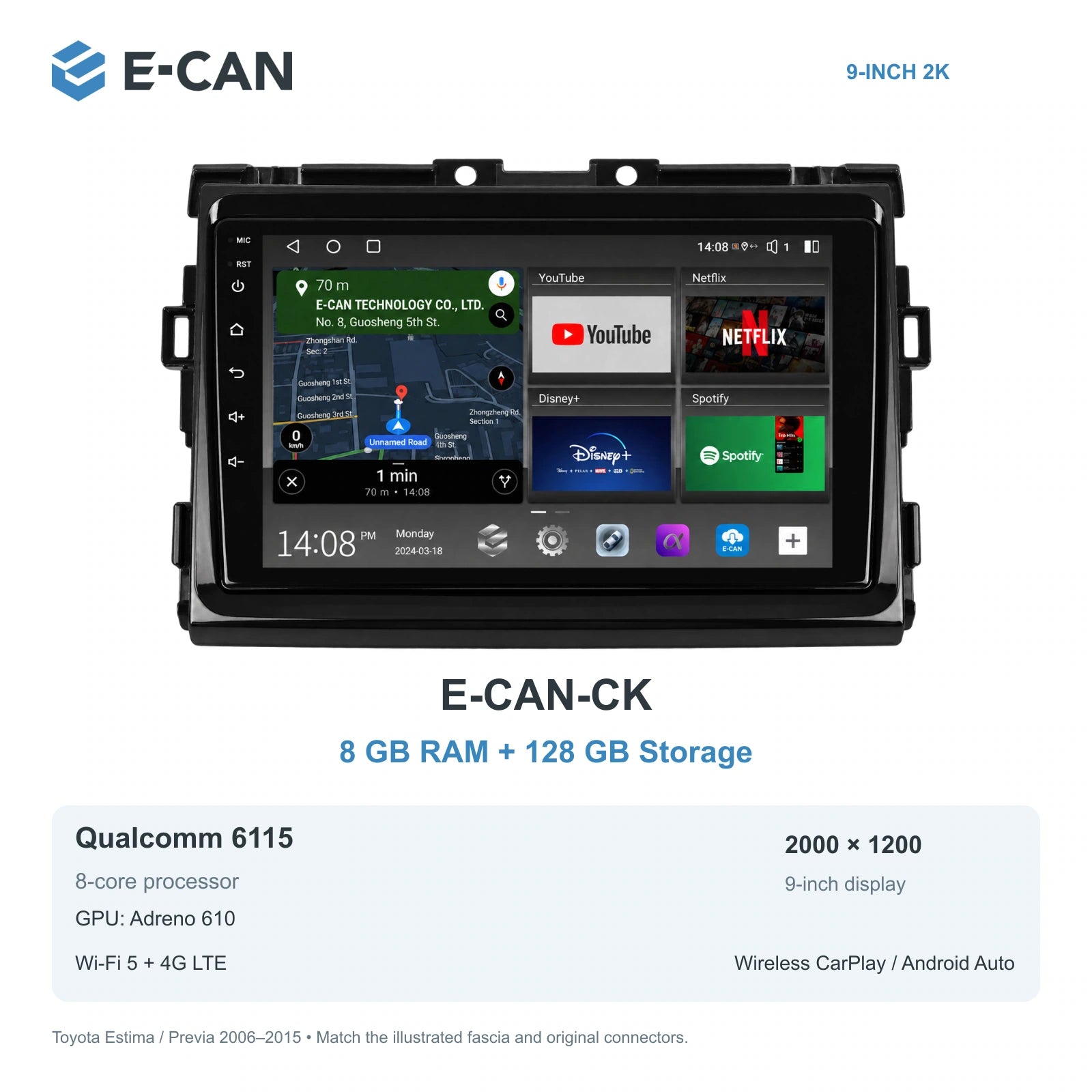 E-CAN Toyota previa 9-inch · 2006–2015 matched fascia E-CAN-CK 8GB + 128GB