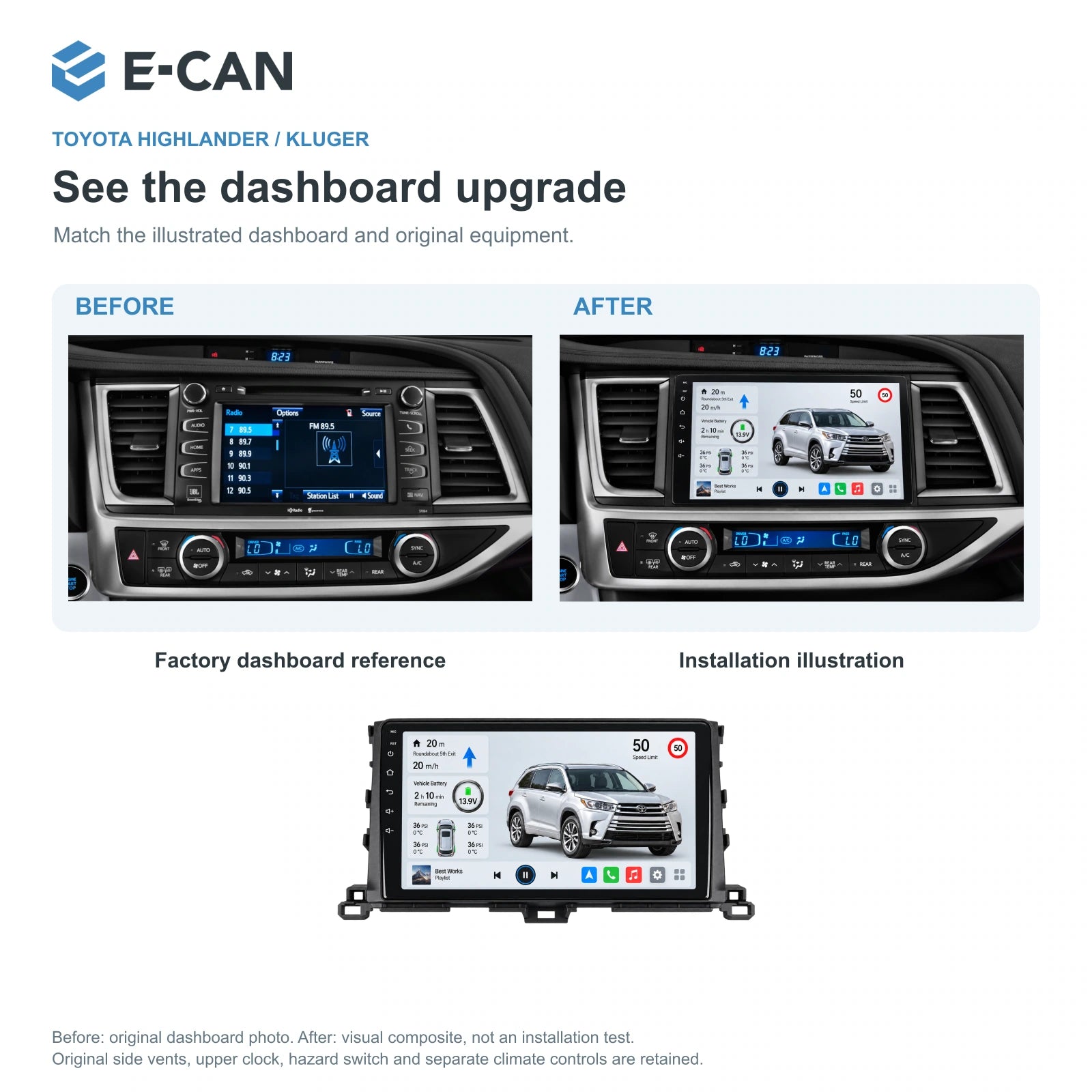 E-CAN Toyota highlander 10-inch · 2015–2019 matched fascia factory dashboard and installation illustration
