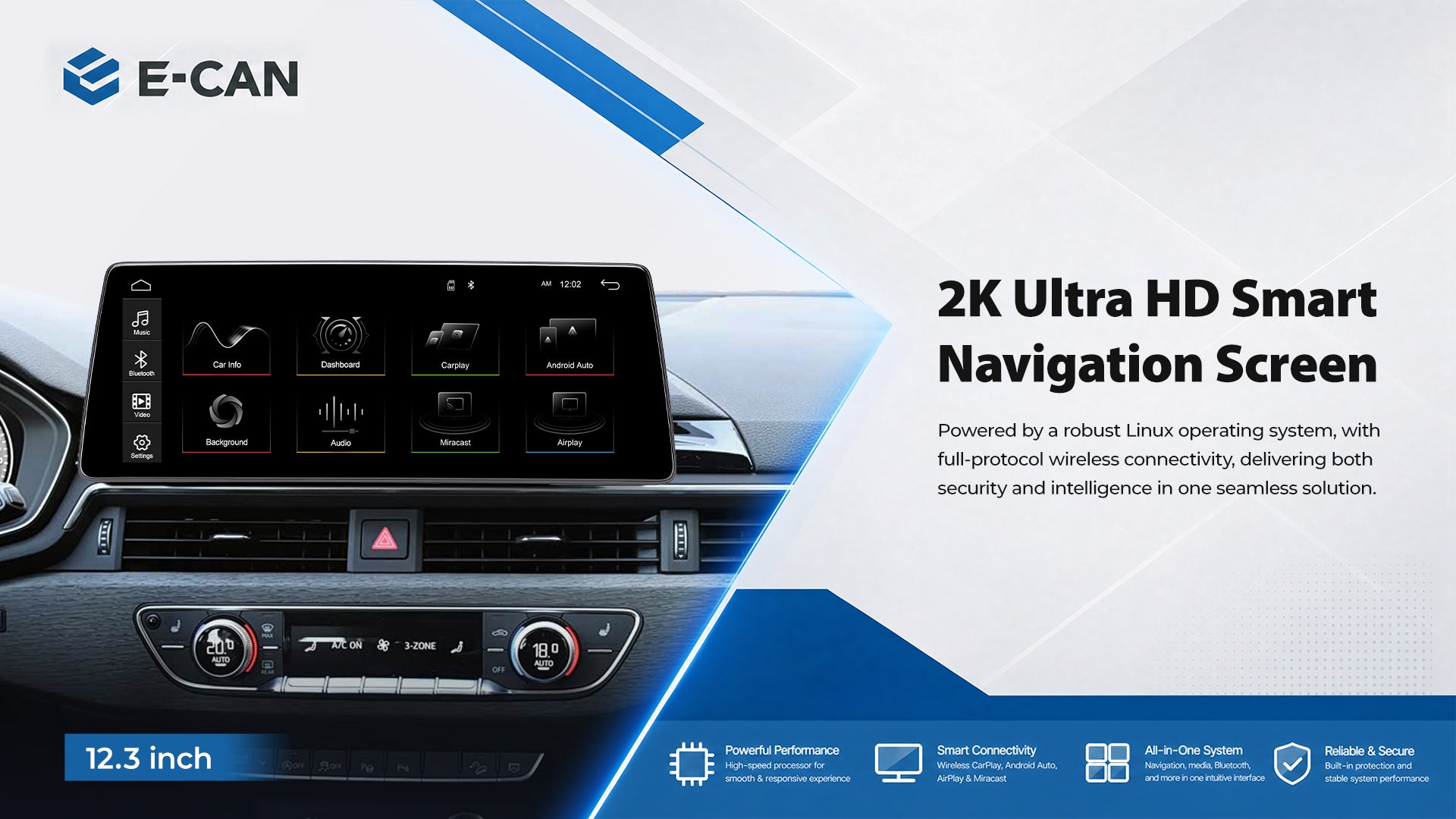 For Audi A4 RS4 B8 B9 2008-2016 12.3" Linux Car Audio Head Unit Wireless CarPlay/Android Auto Bluetooth | EC-L1
