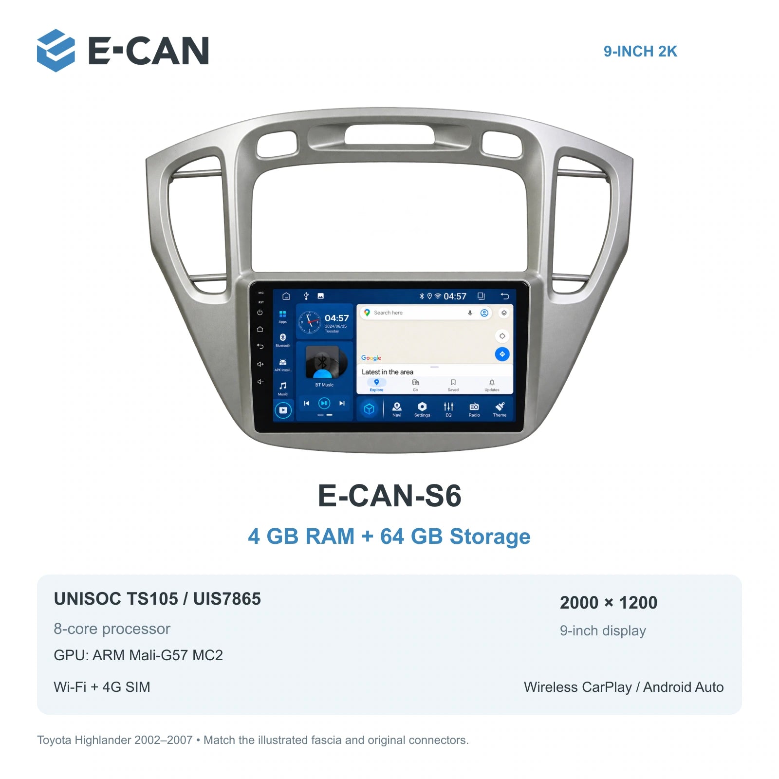 E-CAN Toyota highlander 9-inch · 2002–2007 matched fascia E-CAN-S6 4GB + 64GB