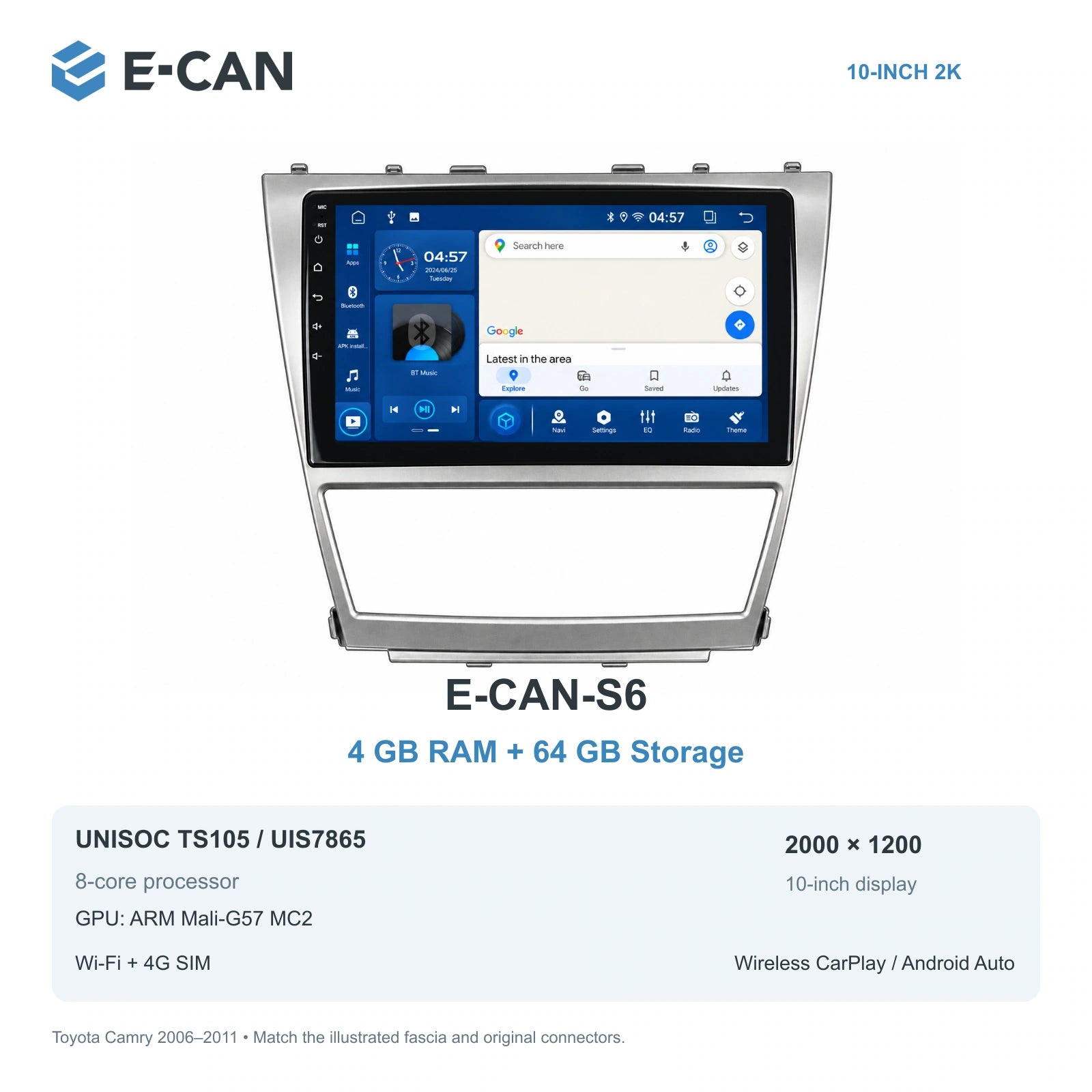 E-CAN Toyota Camry XV40 10-inch climate-opening fascia E-CAN-S6 4GB + 64GB