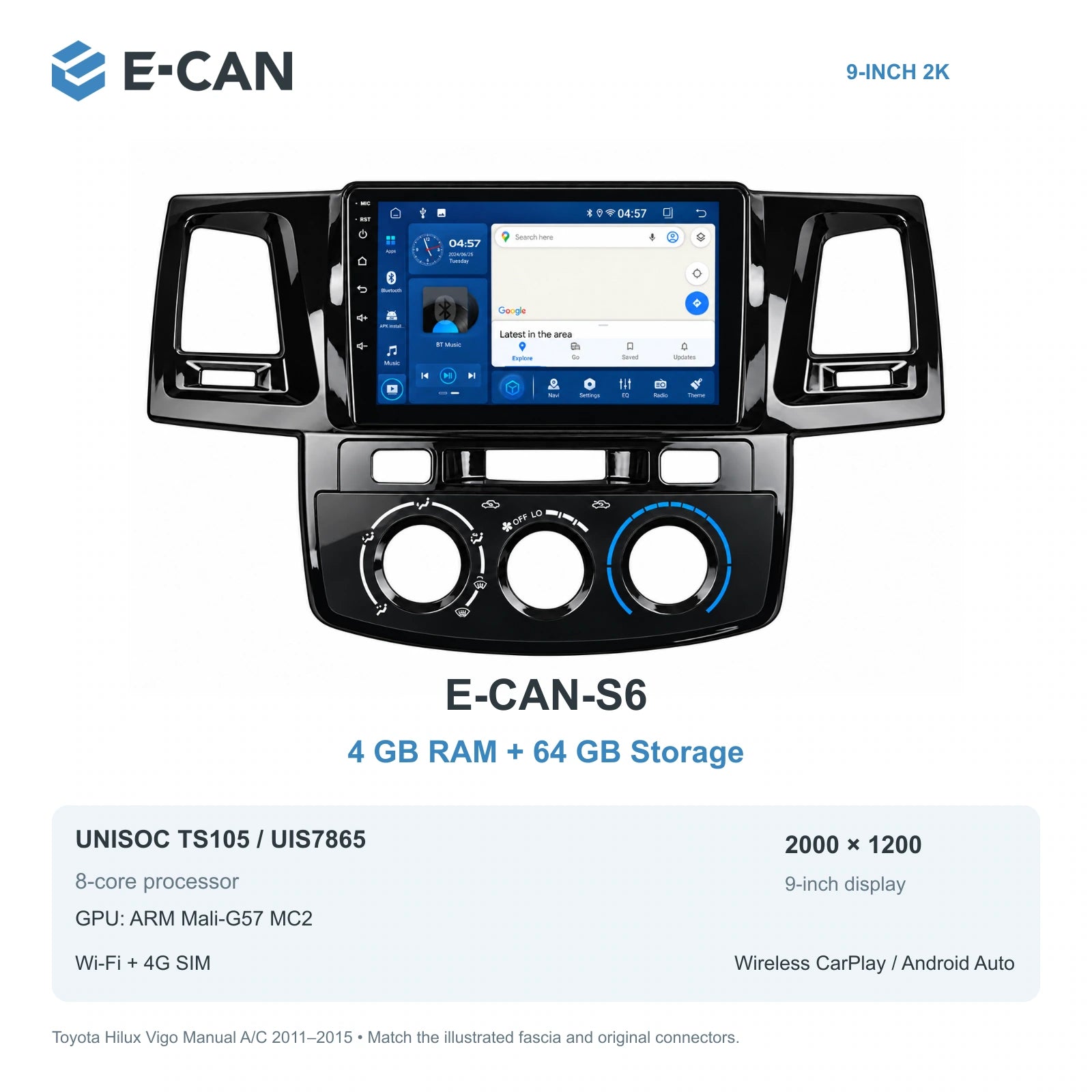 E-CAN Toyota hilux 9-inch · 2011–2015 matched fascia E-CAN-S6 4GB + 64GB