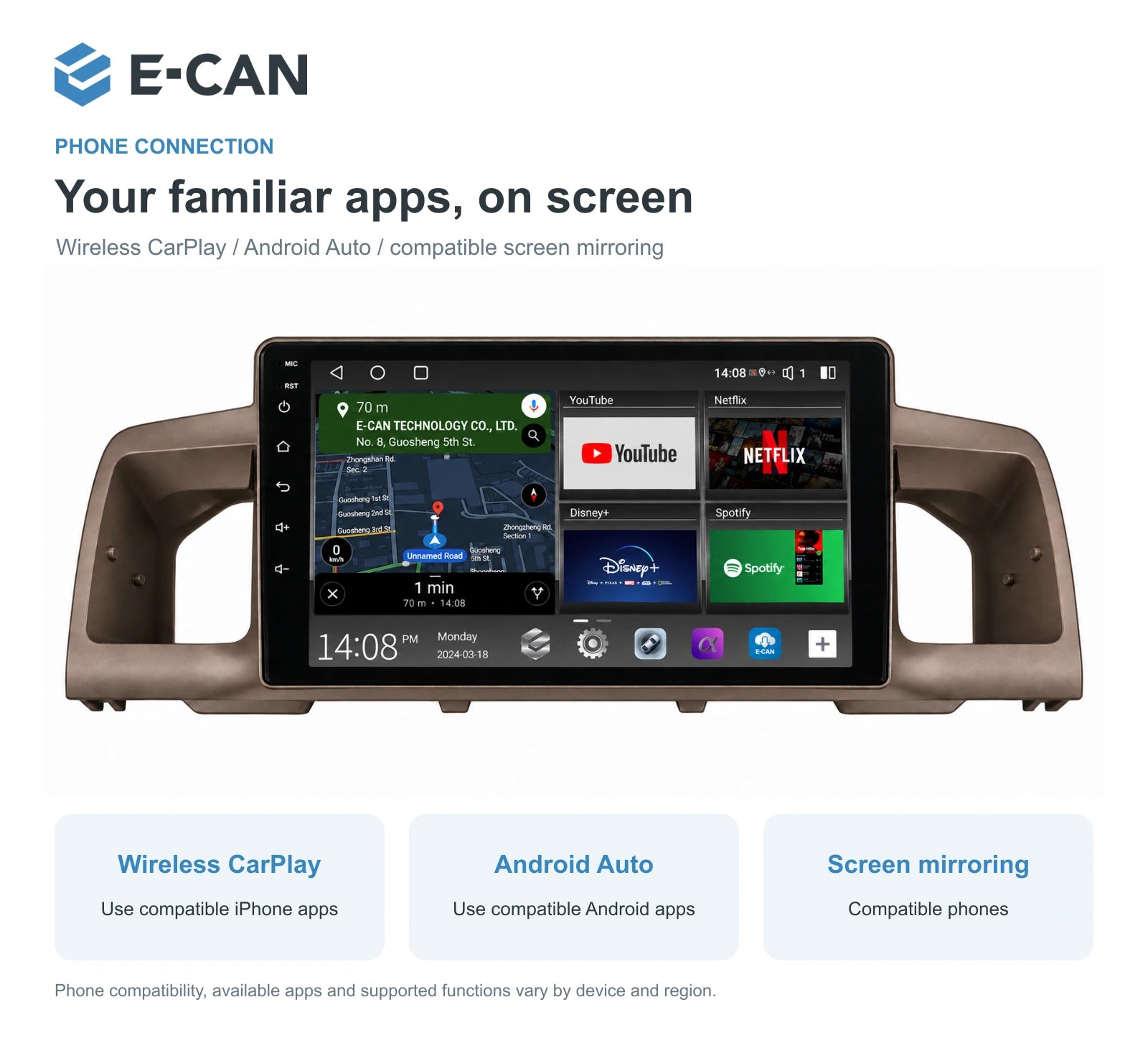 E-CAN Toyota corolla 9-inch · 2007–2012 matched fascia feature