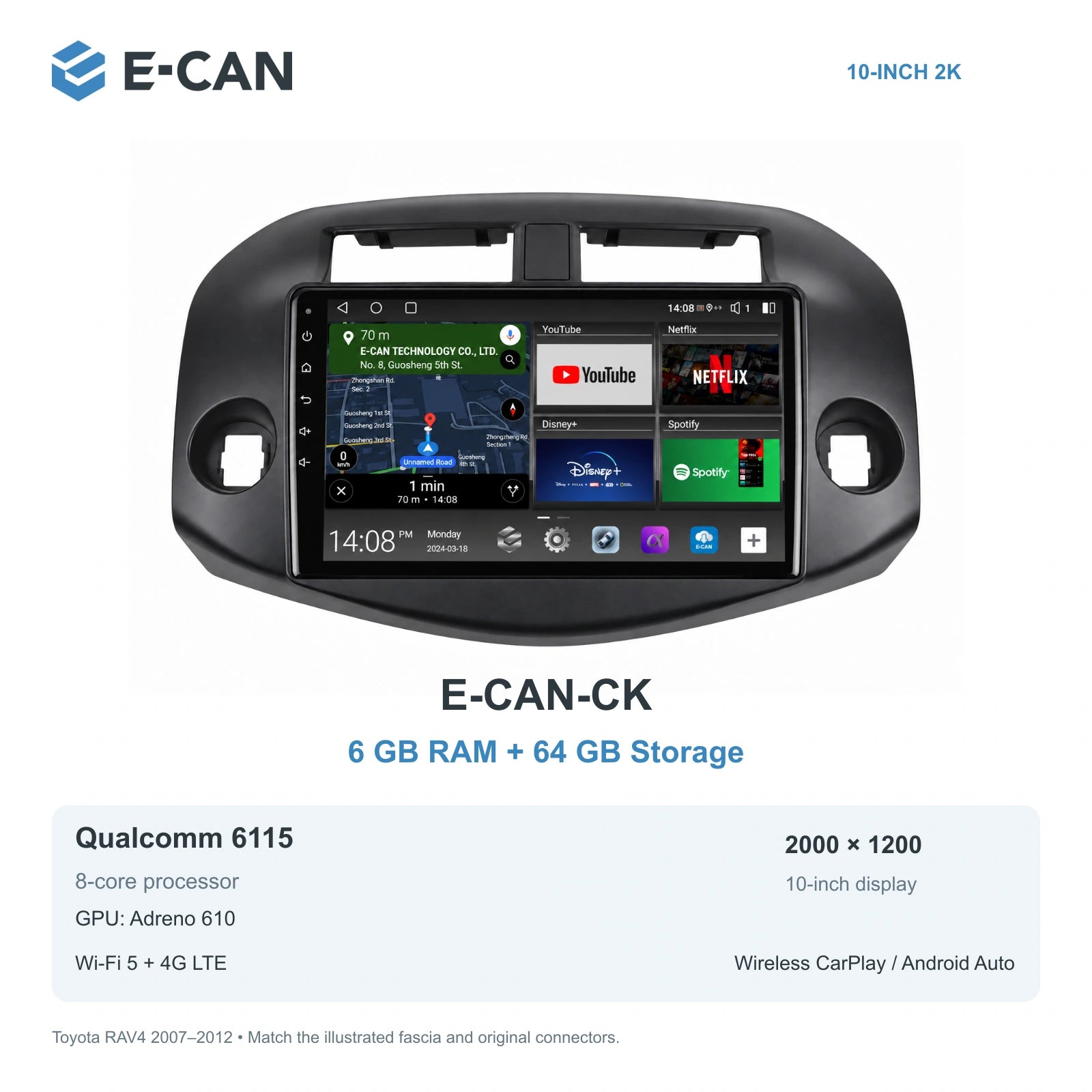 E-CAN Toyota rav4 10-inch · 2007–2012 matched fascia E-CAN-CK 6GB + 64GB