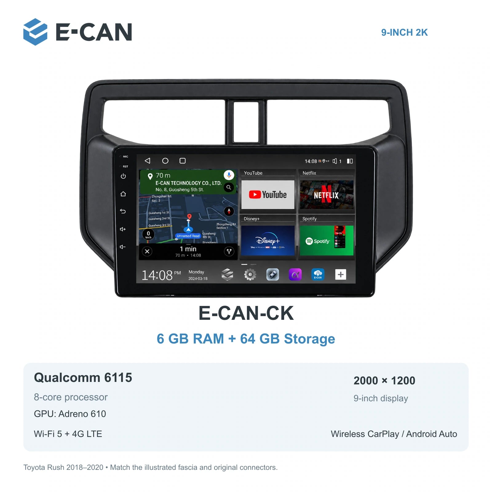 E-CAN Toyota rush 9-inch · 2018–2020 matched fascia E-CAN-CK 6GB + 64GB