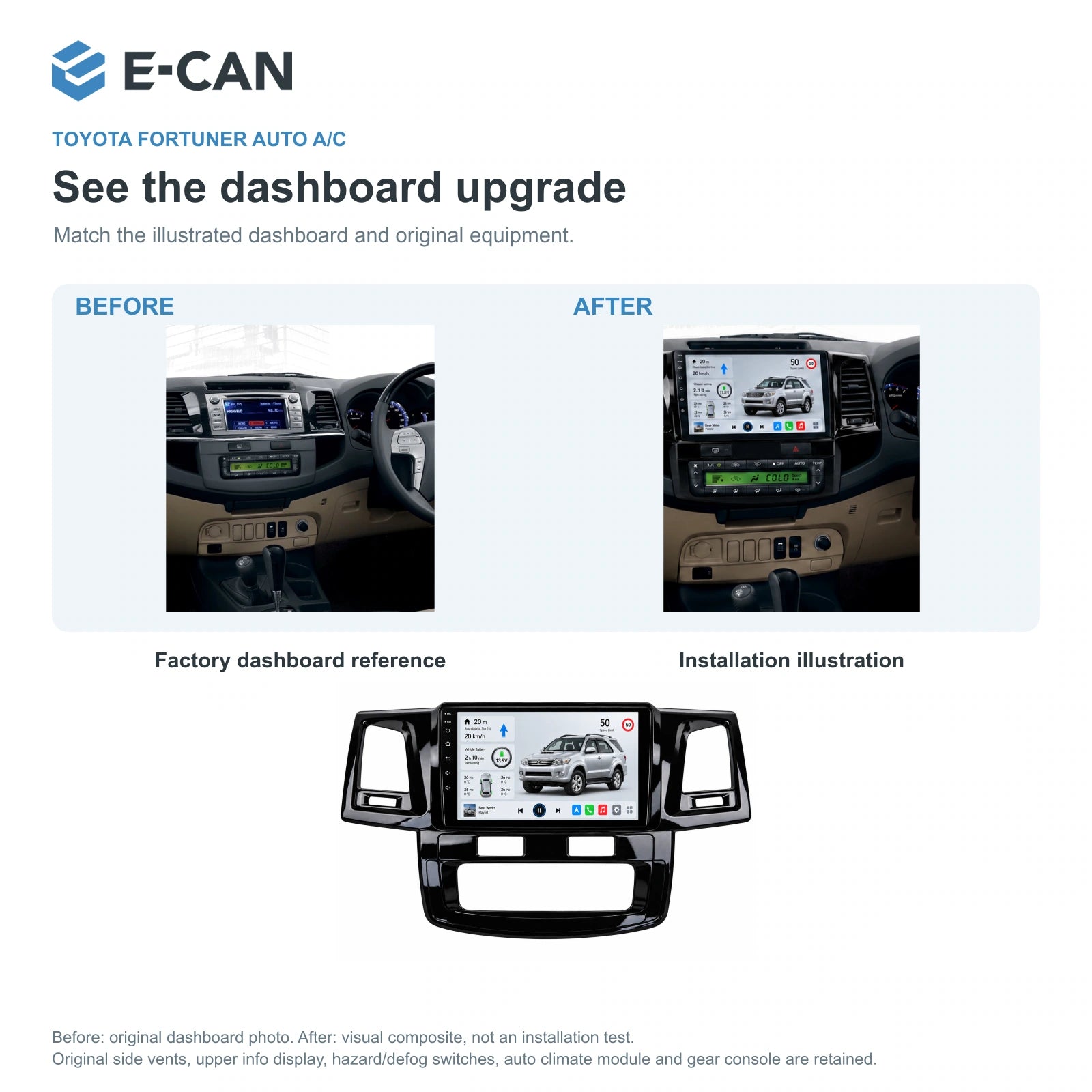 E-CAN Toyota fortuner 9-inch · 2009–2015 matched fascia factory dashboard and installation illustration