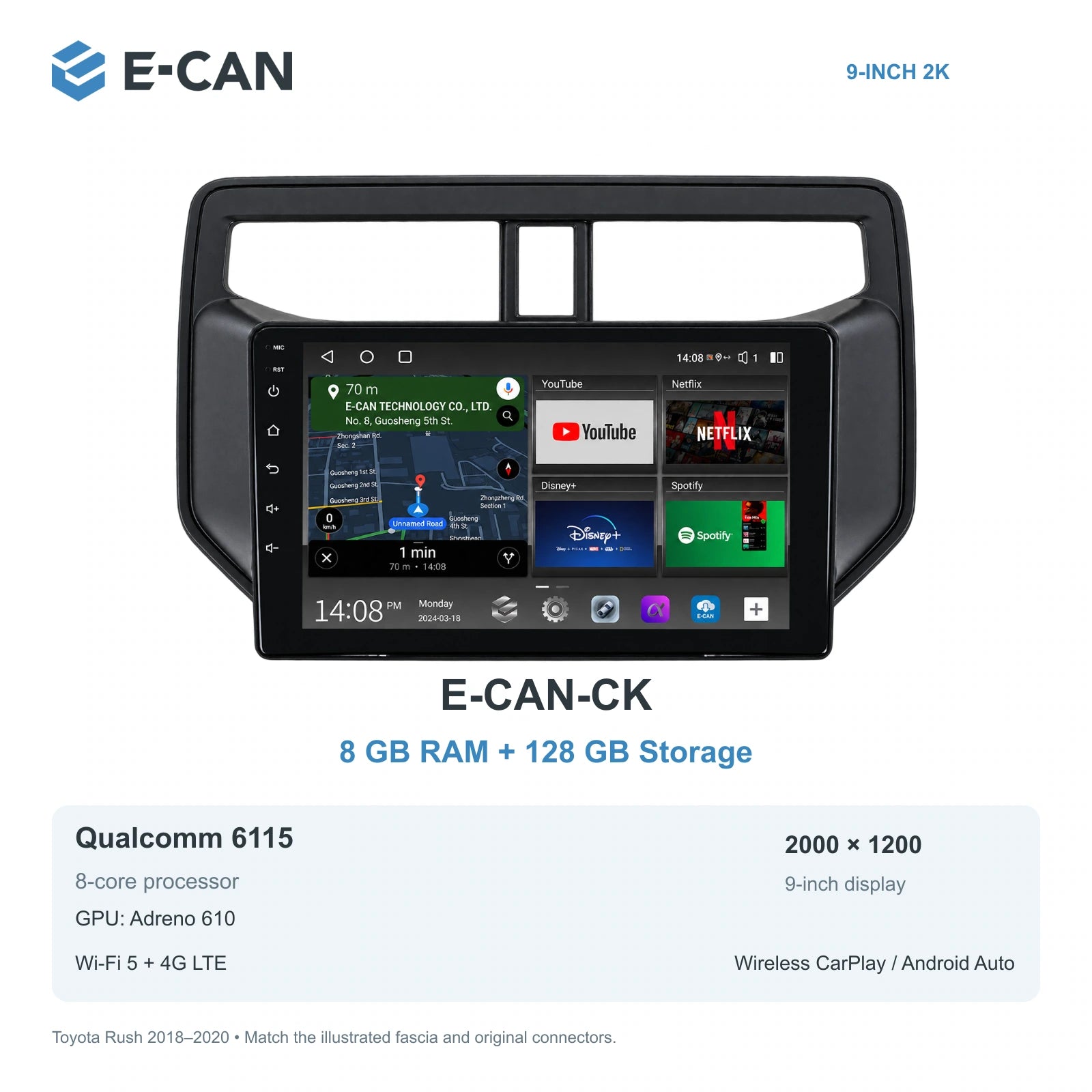 E-CAN Toyota rush 9-inch · 2018–2020 matched fascia E-CAN-CK 8GB + 128GB