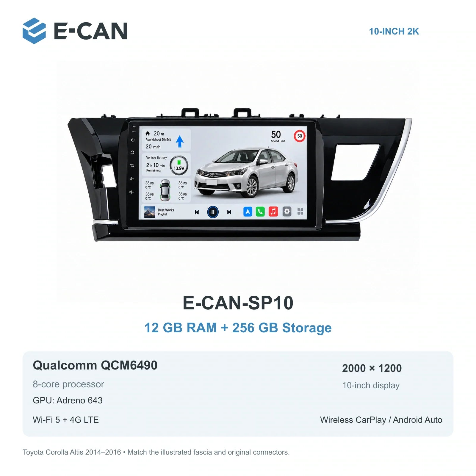 E-CAN Toyota corolla Taiwan LHD fascia · 2014–2016 E-CAN-SP10 12GB + 256GB
