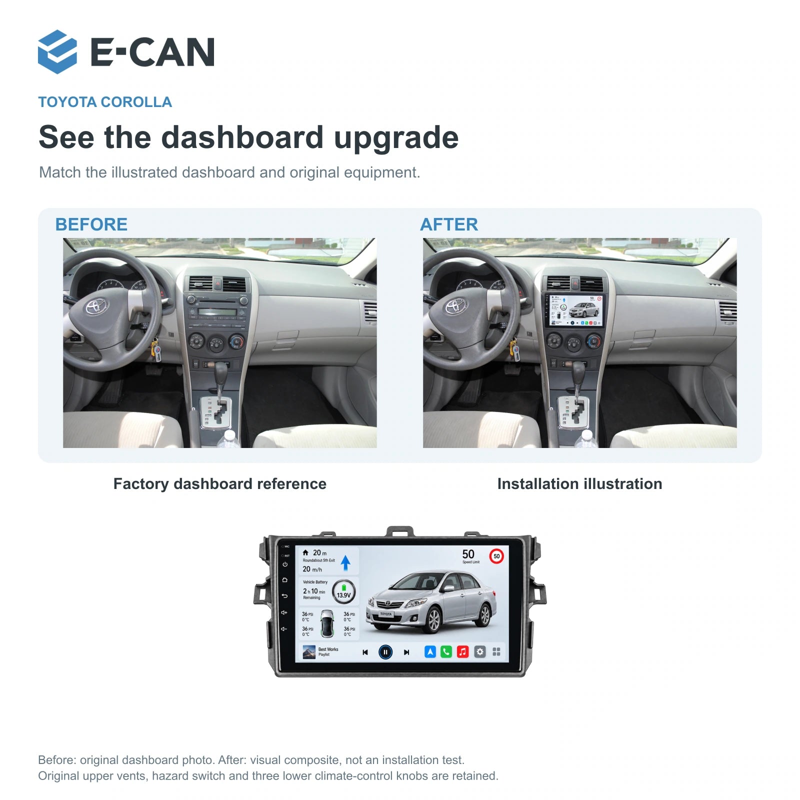 E-CAN Toyota corolla Small frame · 2007–2011 factory dashboard and installation illustration