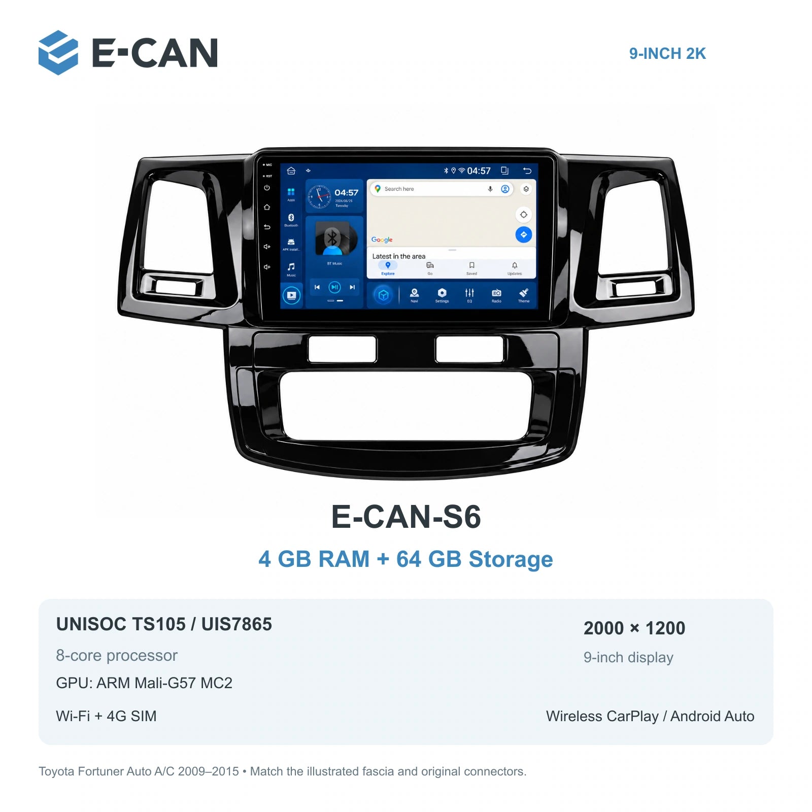 E-CAN Toyota fortuner 9-inch · 2009–2015 matched fascia E-CAN-S6 4GB + 64GB