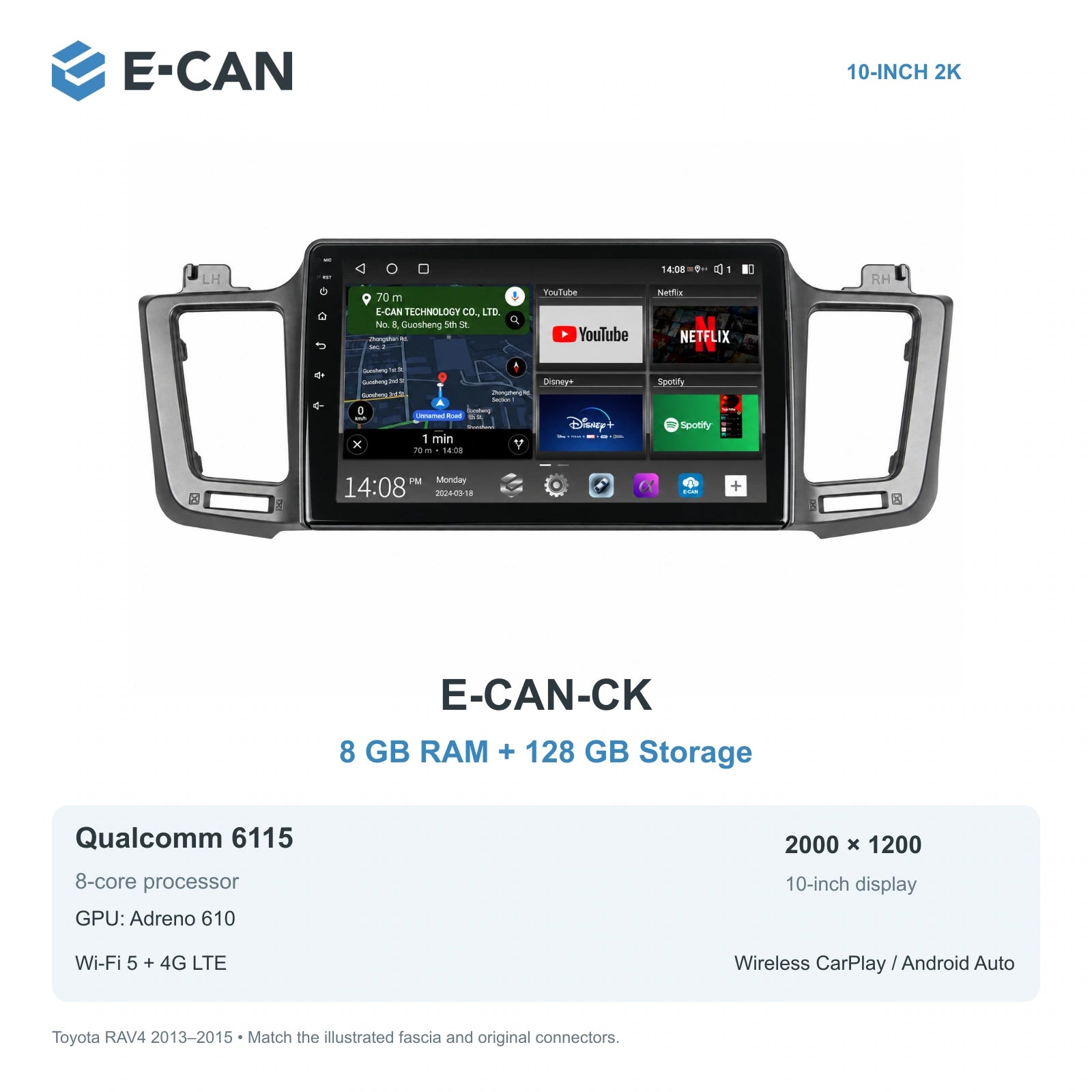 E-CAN Toyota rav4 10-inch · 2013–2015 matched fascia E-CAN-CK 8GB + 128GB