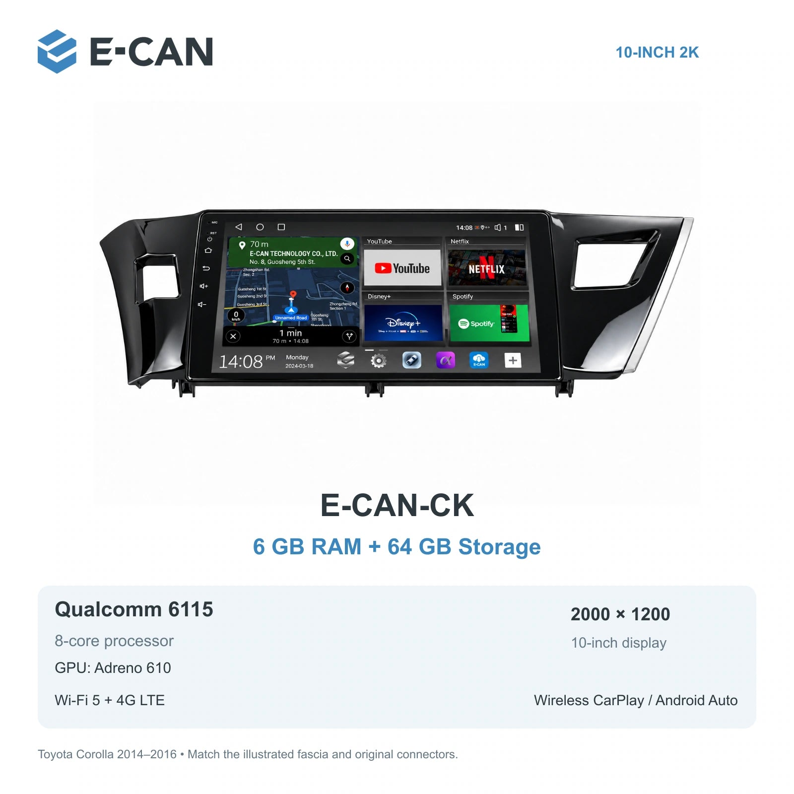 E-CAN Toyota corolla China LHD fascia · 2014–2016 E-CAN-CK 6GB + 64GB