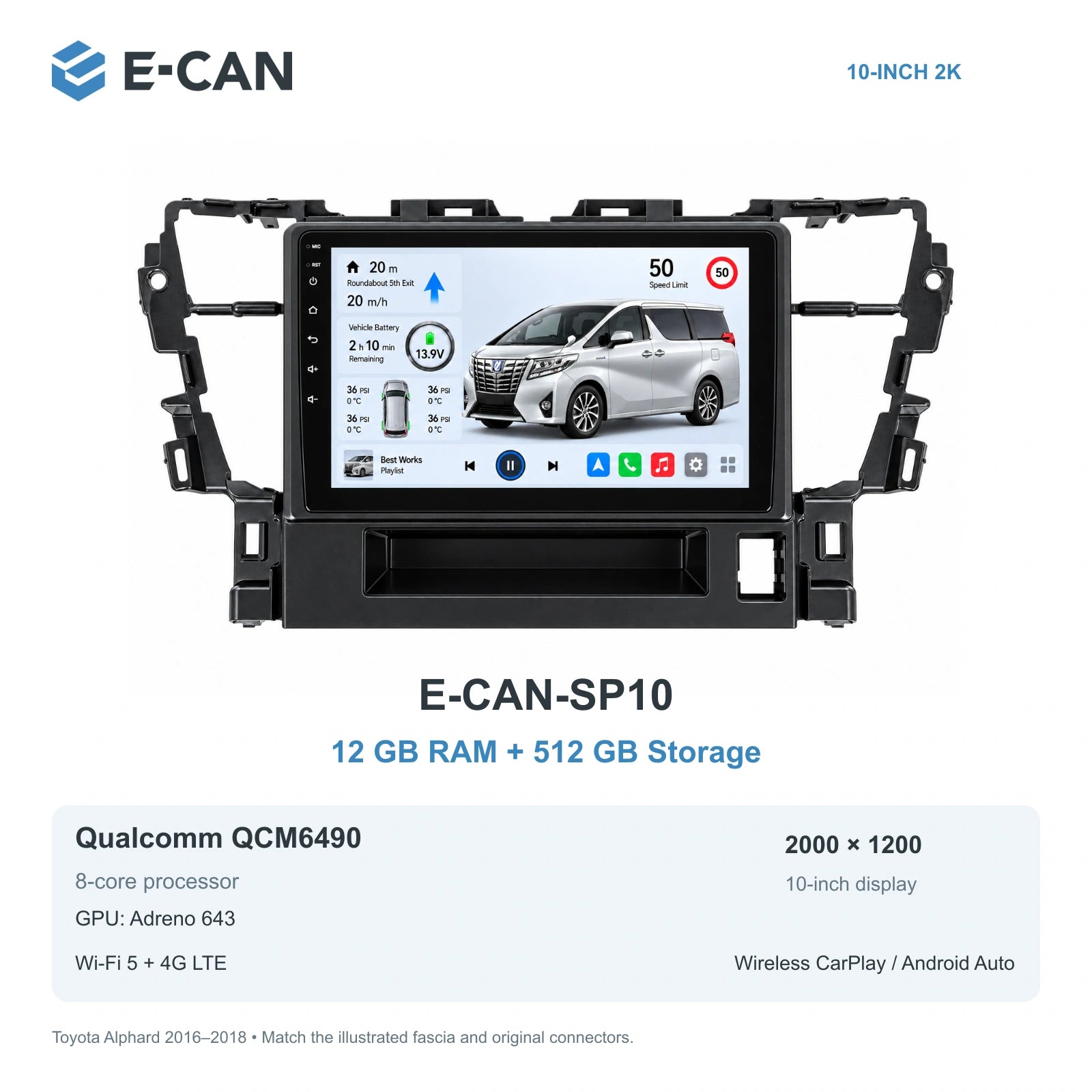 E-CAN Toyota alphard 10-inch · 2016–2018 matched fascia E-CAN-SP10 12GB + 512GB