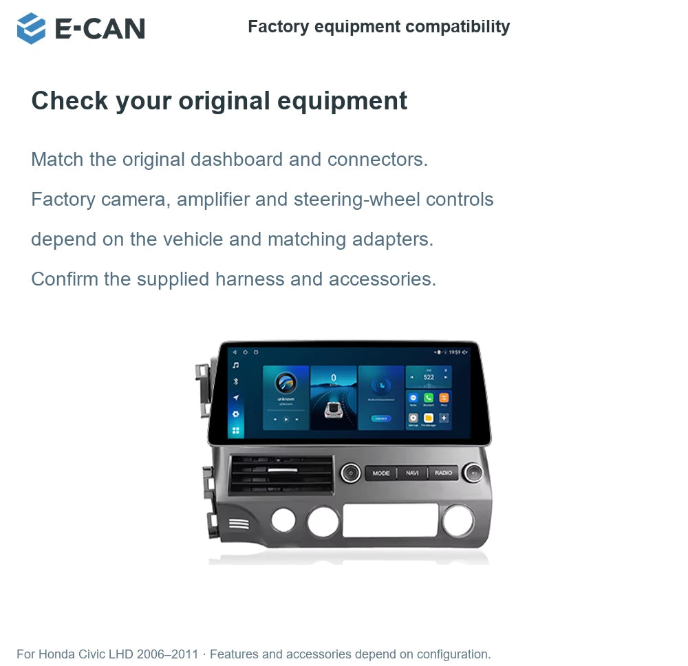 E-CAN Factory equipment compatibility for Honda Civic LHD 2006–2011