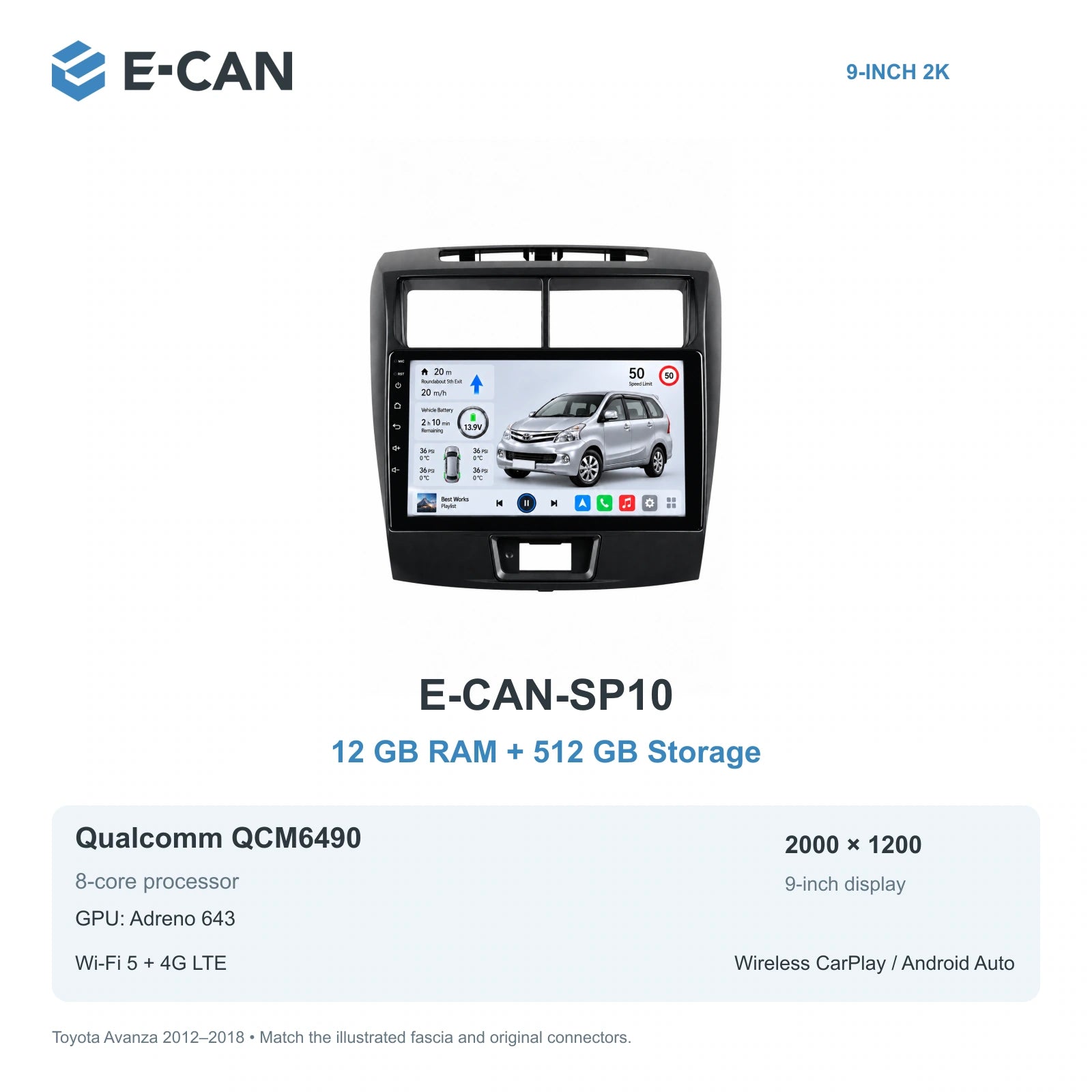 E-CAN Toyota avanza 9-inch · 2012–2018 matched fascia E-CAN-SP10 12GB + 512GB