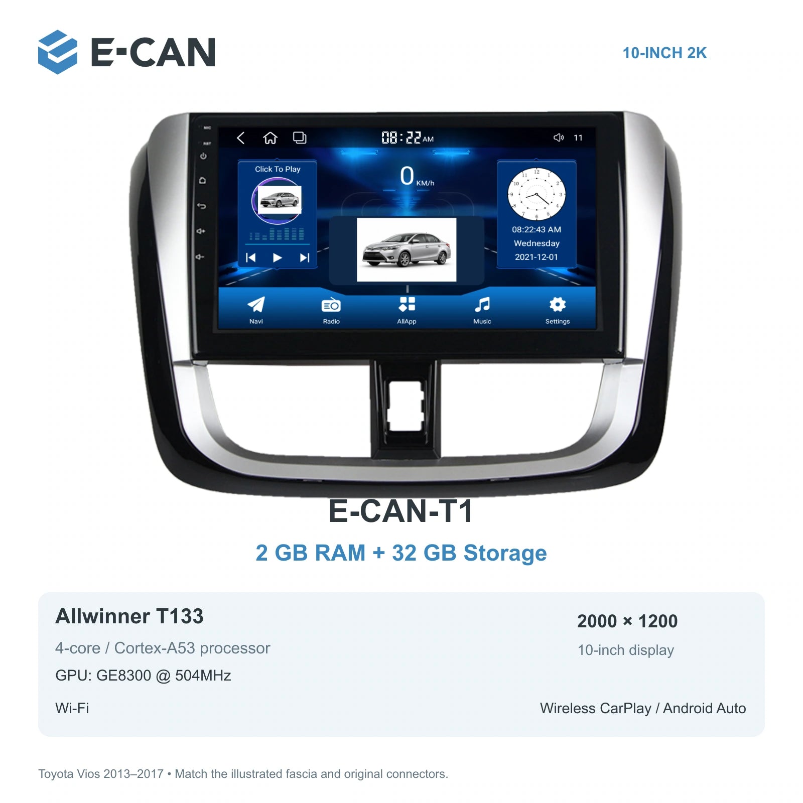 E-CAN Toyota vios Full U-shaped fascia · 2013–2017 E-CAN-T1 2GB + 32GB