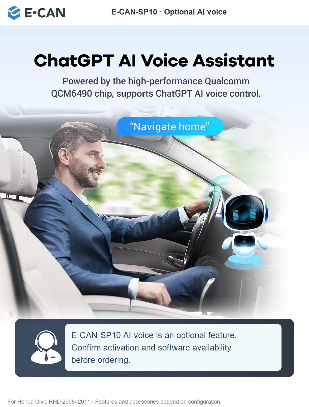 E-CAN E-CAN-SP10 · Optional AI voice for Honda Civic RHD 2006–2011