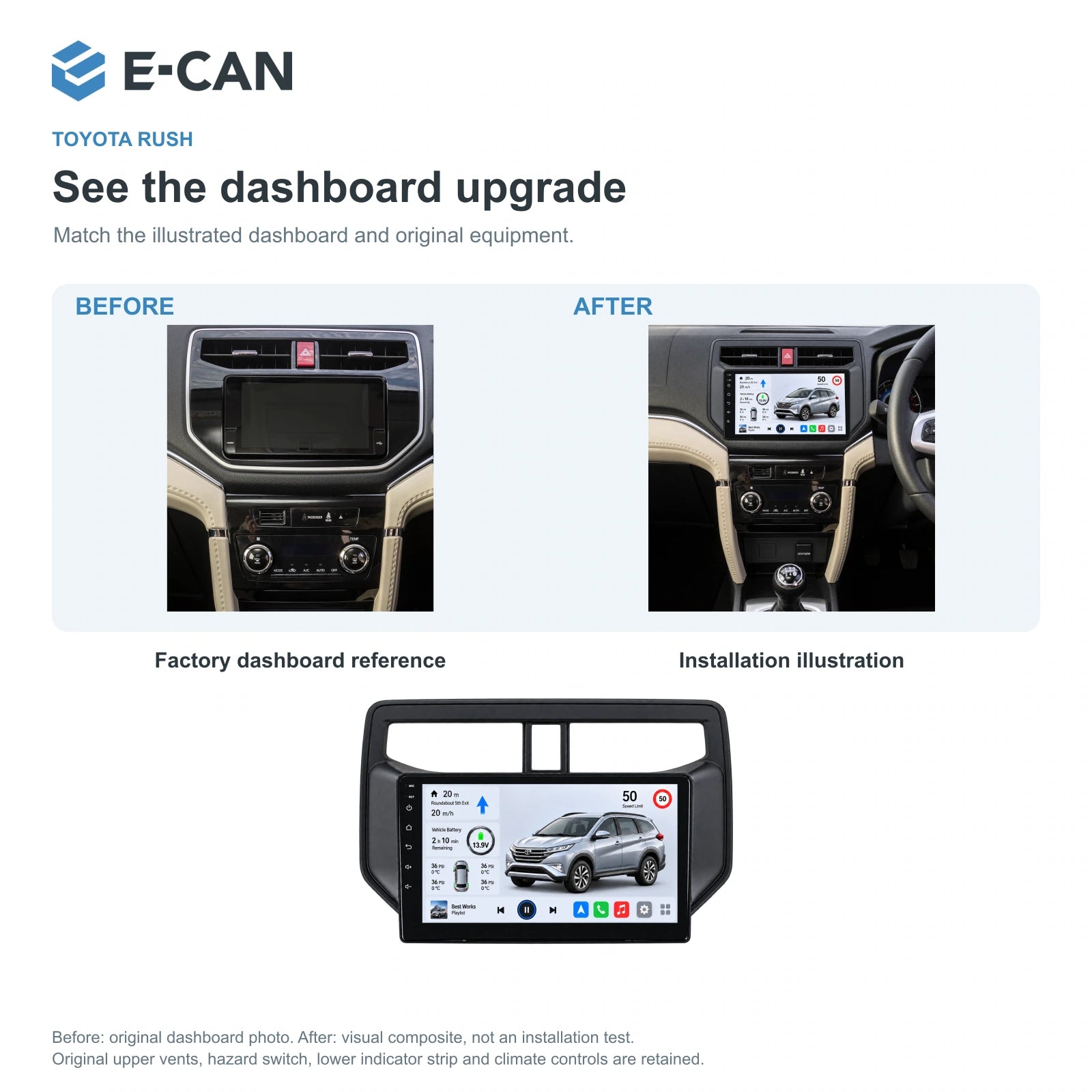 E-CAN Toyota rush 9-inch · 2018–2020 matched fascia factory dashboard and installation illustration