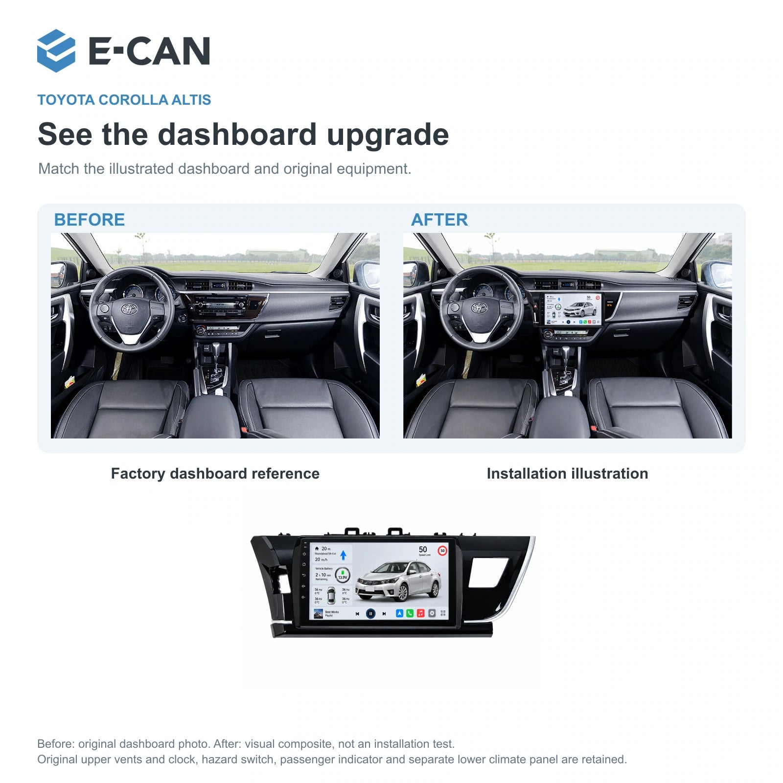 E-CAN Toyota corolla Taiwan LHD fascia · 2014–2016 factory dashboard and installation illustration