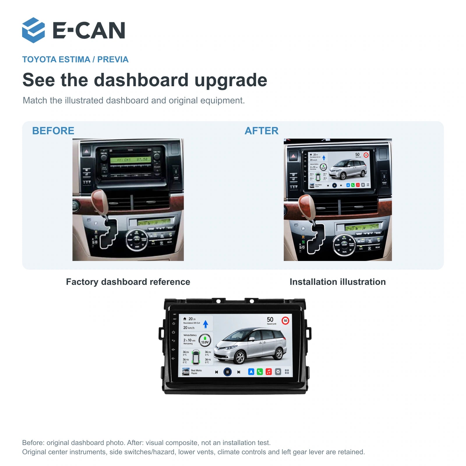 E-CAN Toyota previa 9-inch · 2006–2015 matched fascia factory dashboard and installation illustration