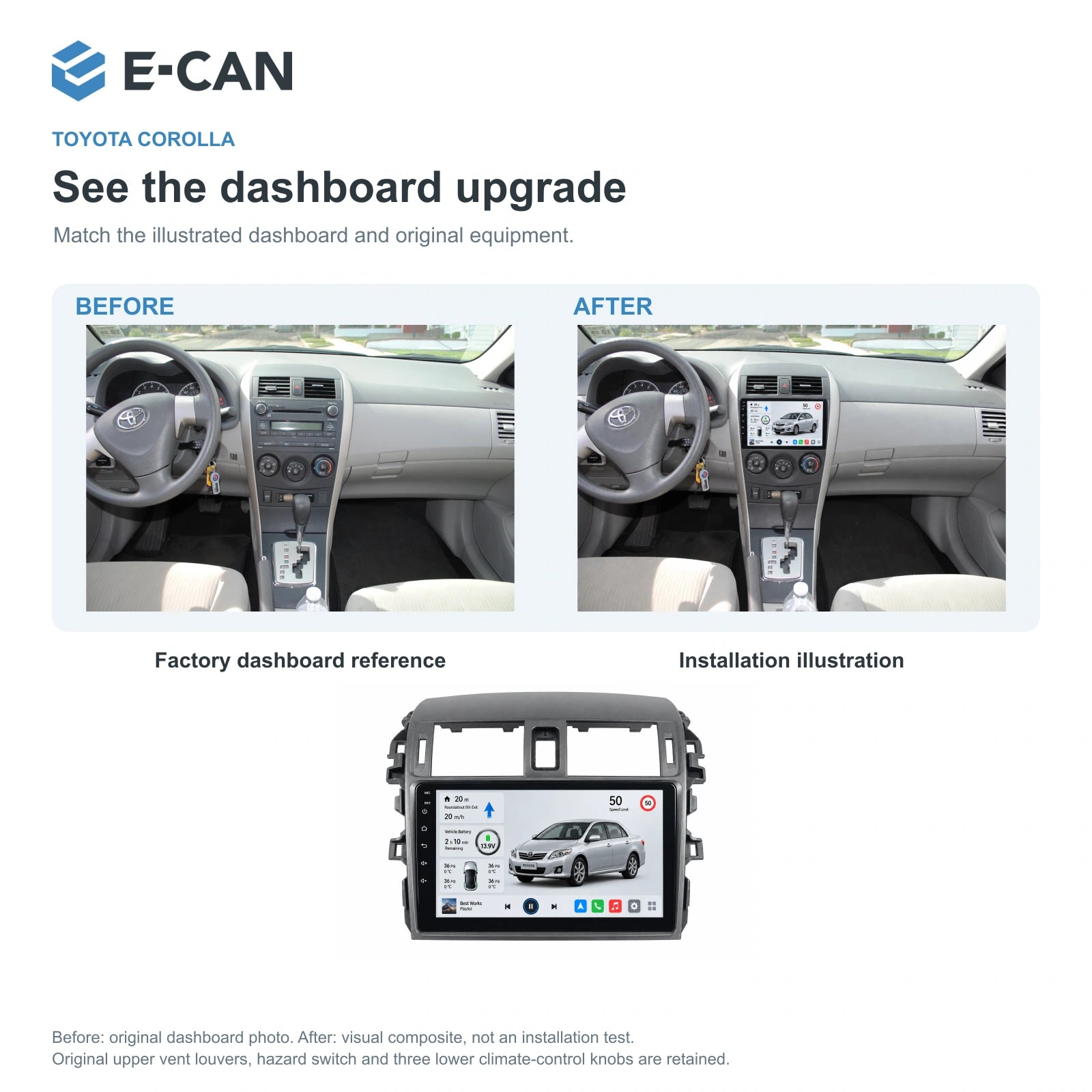 E-CAN Toyota corolla Large vent frame · 2009–2013 factory dashboard and installation illustration
