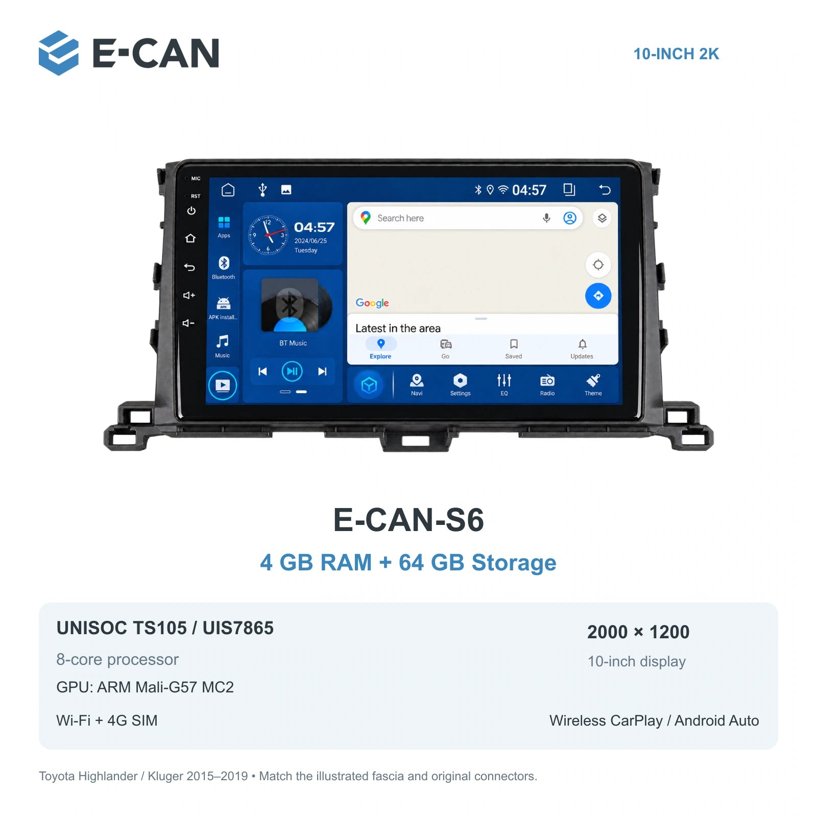 E-CAN Toyota highlander 10-inch · 2015–2019 matched fascia E-CAN-S6 4GB + 64GB