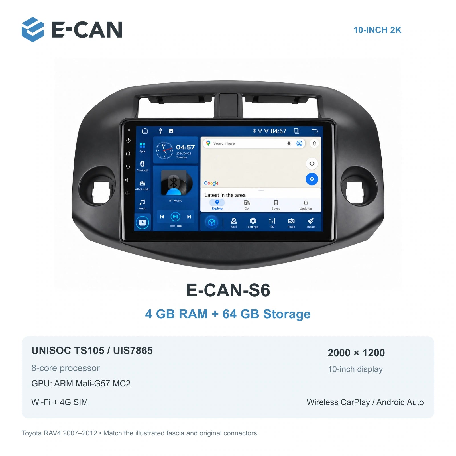 E-CAN Toyota rav4 10-inch · 2007–2012 matched fascia E-CAN-S6 4GB + 64GB