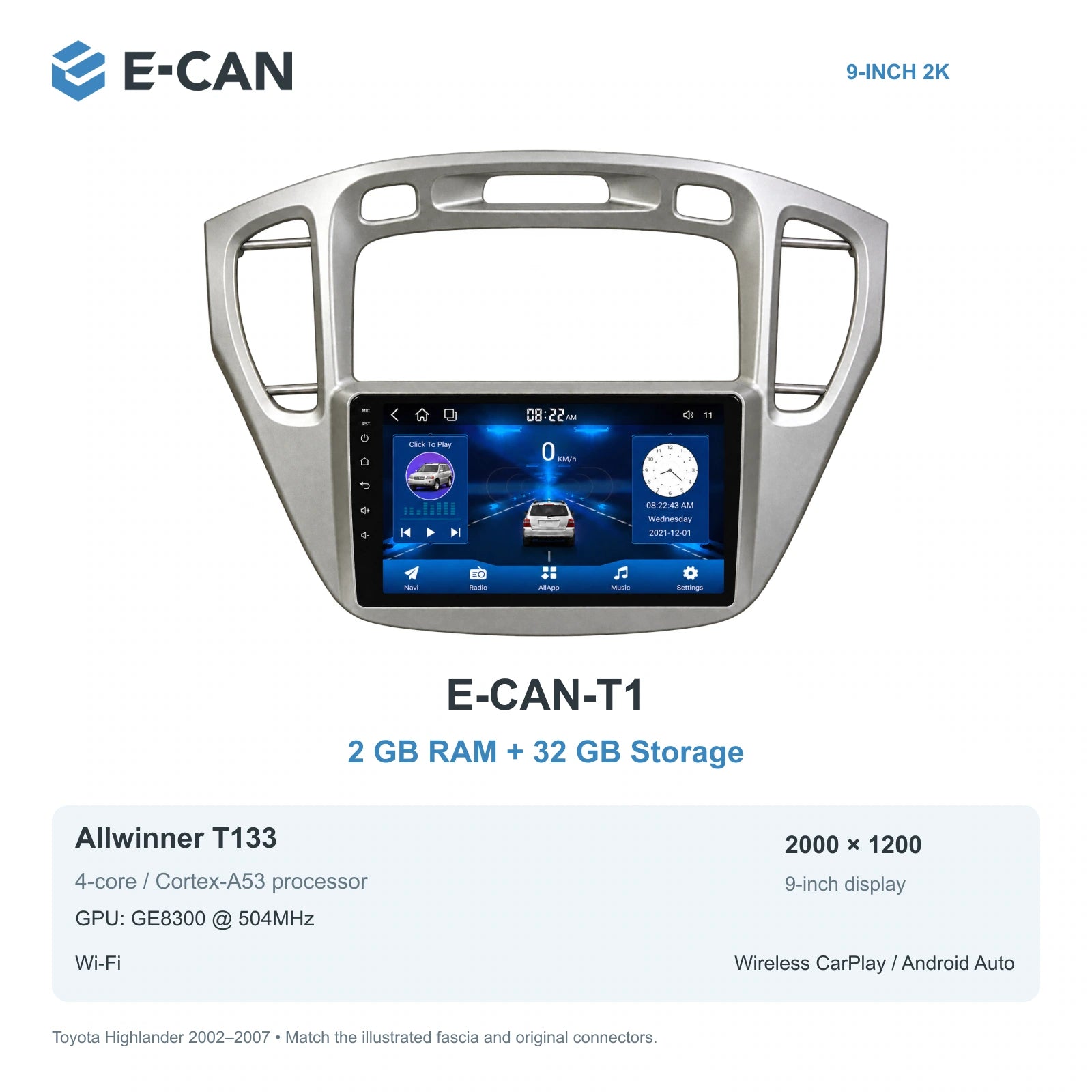 E-CAN Toyota highlander 9-inch · 2002–2007 matched fascia E-CAN-T1 2GB + 32GB