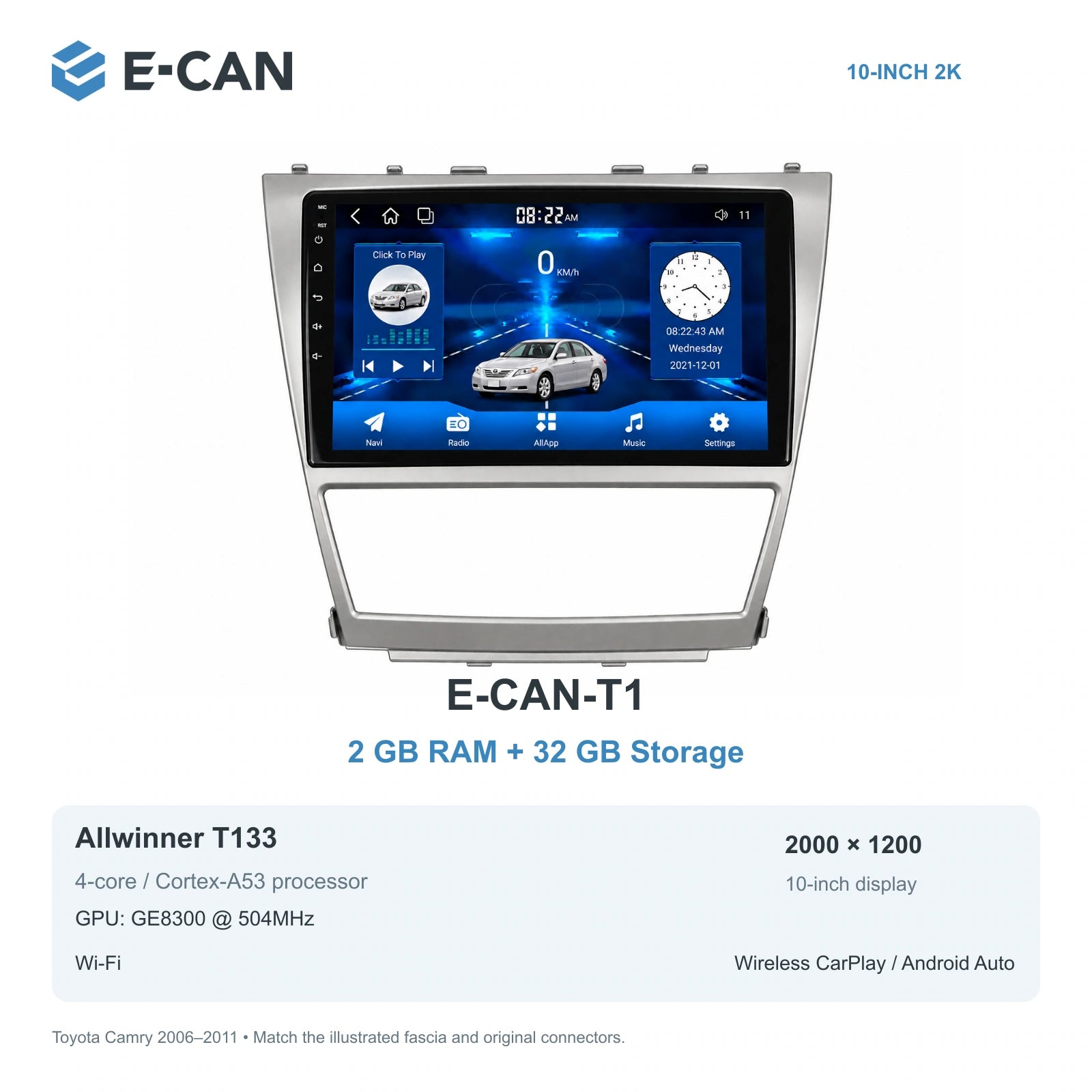 E-CAN Toyota Camry XV40 10-inch climate-opening fascia E-CAN-T1 2GB + 32GB