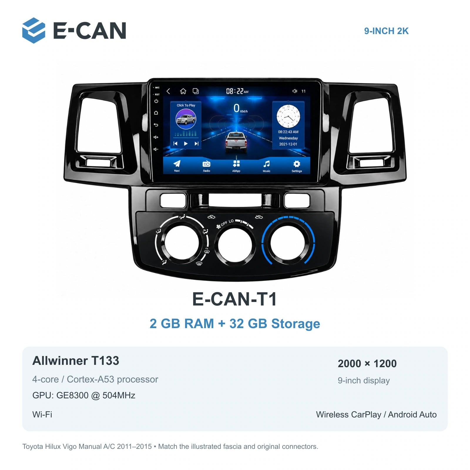 E-CAN Toyota hilux 9-inch · 2011–2015 matched fascia E-CAN-T1 2GB + 32GB