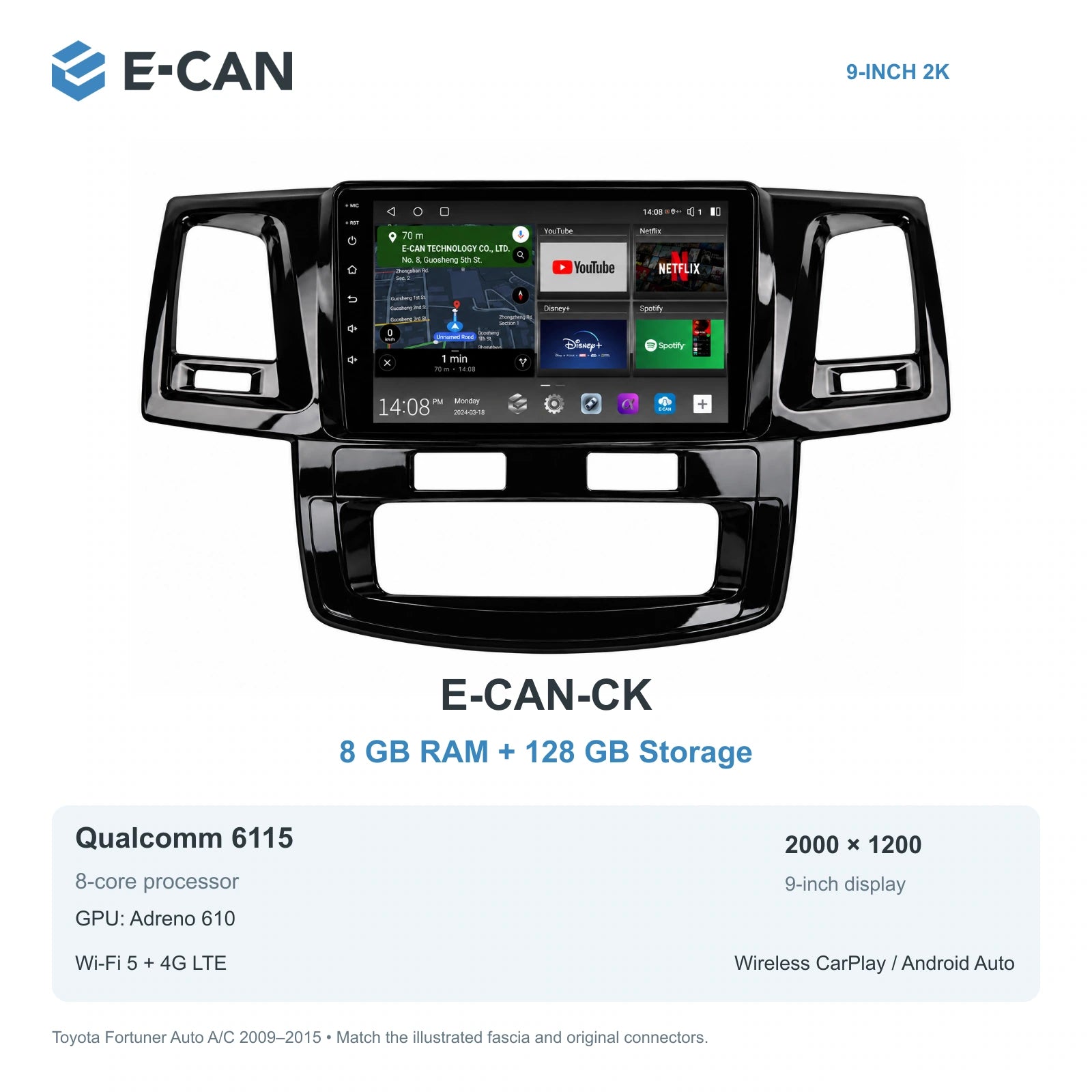 E-CAN Toyota fortuner 9-inch · 2009–2015 matched fascia E-CAN-CK 8GB + 128GB