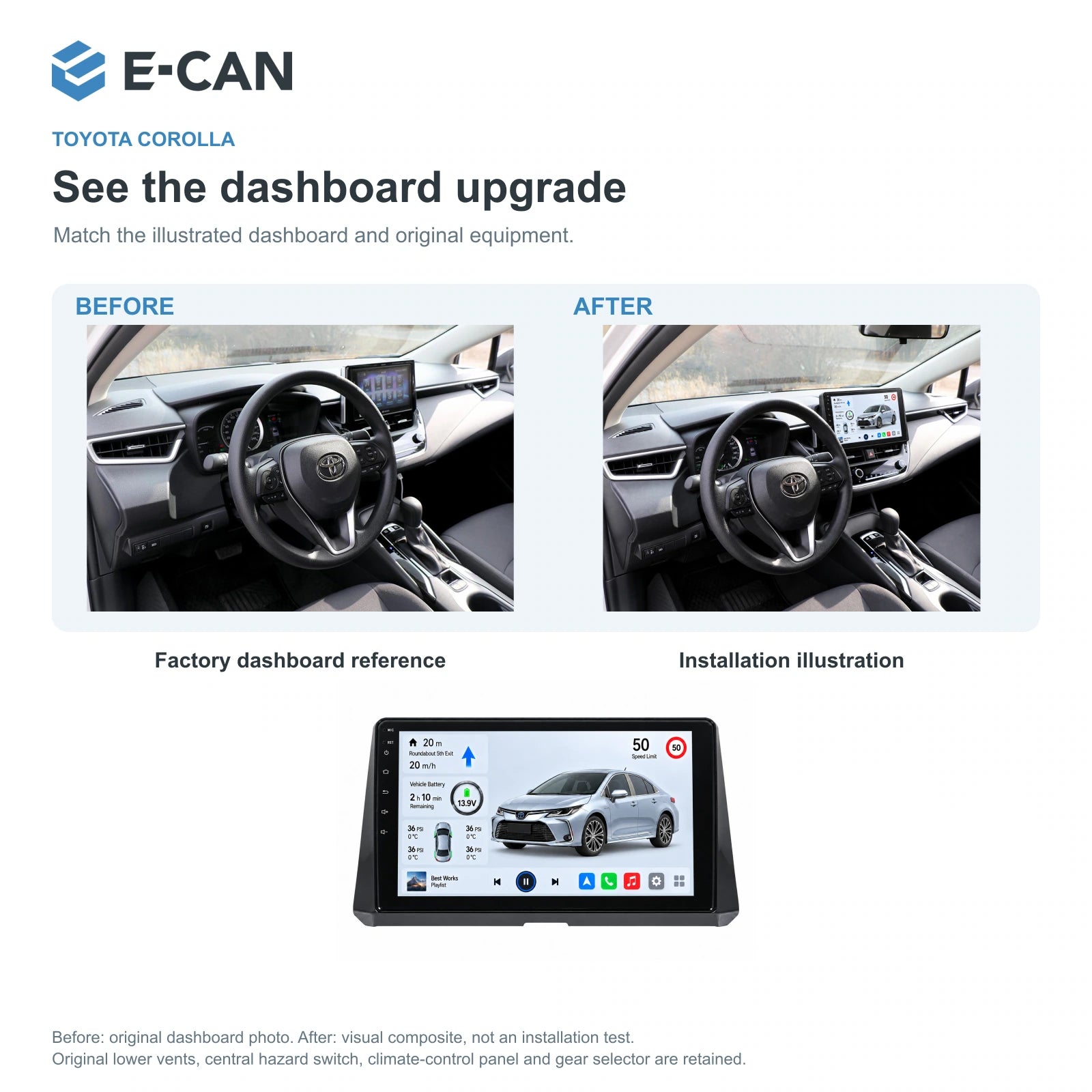 E-CAN Toyota corolla 10-inch · 2019 matched fascia factory dashboard and installation illustration