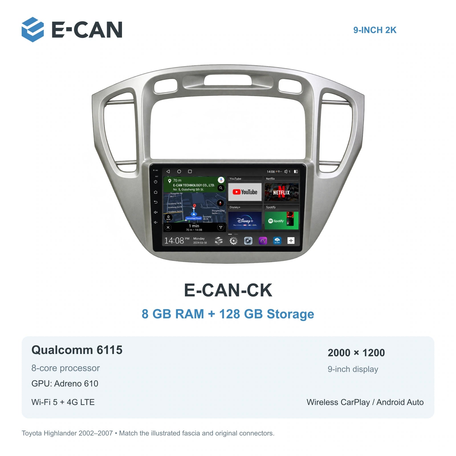E-CAN Toyota highlander 9-inch · 2002–2007 matched fascia E-CAN-CK 8GB + 128GB