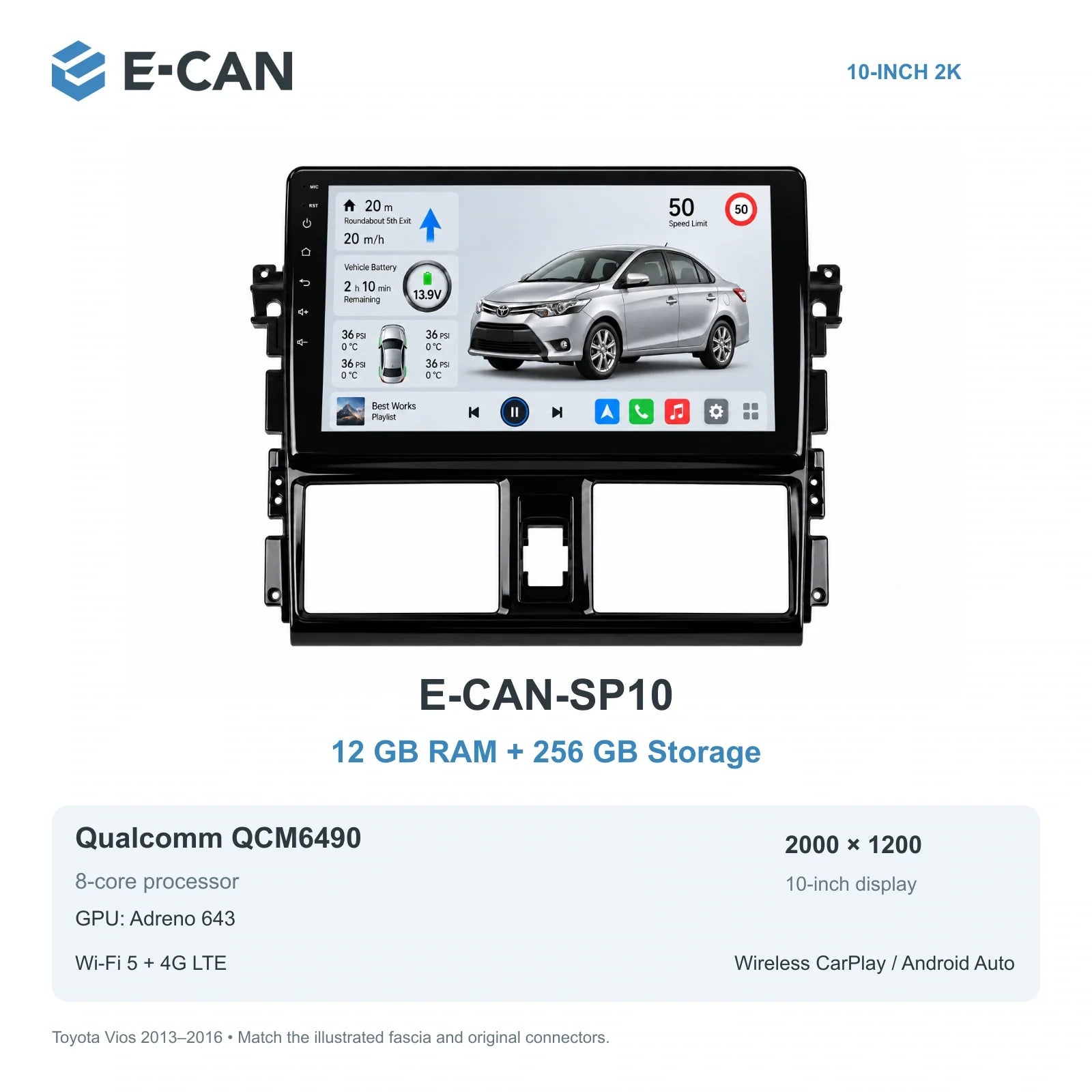 E-CAN Toyota vios Standard fascia · 2013–2016 E-CAN-SP10 12GB + 512GB