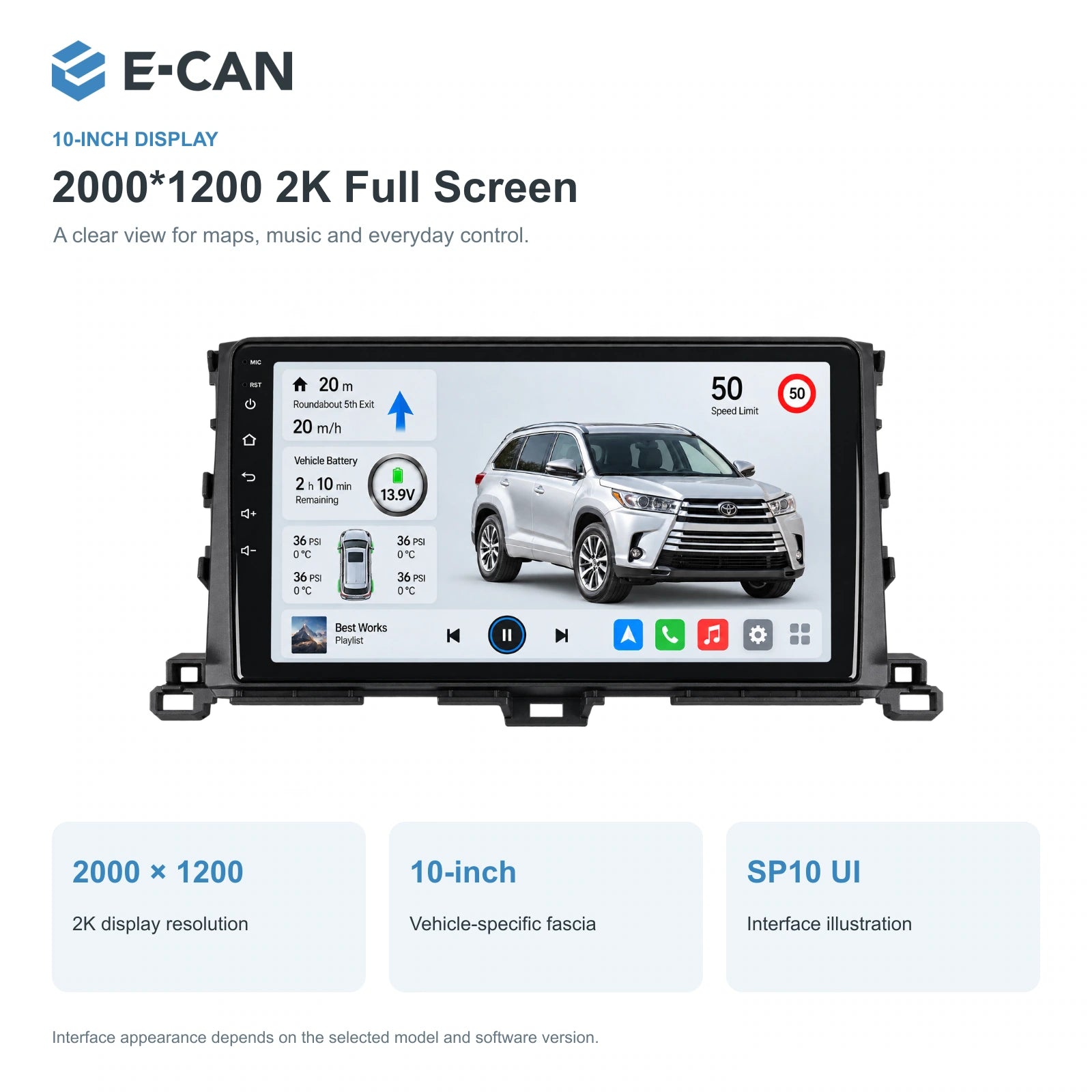 E-CAN Toyota highlander 10-inch · 2015–2019 matched fascia feature