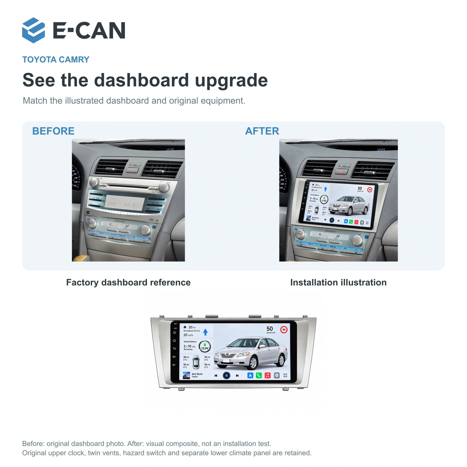 E-CAN Toyota Camry XV40 9-inch compact fascia factory dashboard and installation illustration