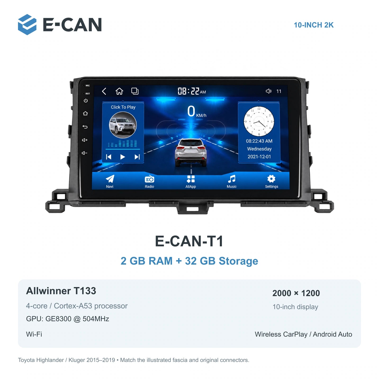 E-CAN Toyota highlander 10-inch · 2015–2019 matched fascia E-CAN-T1 2GB + 32GB