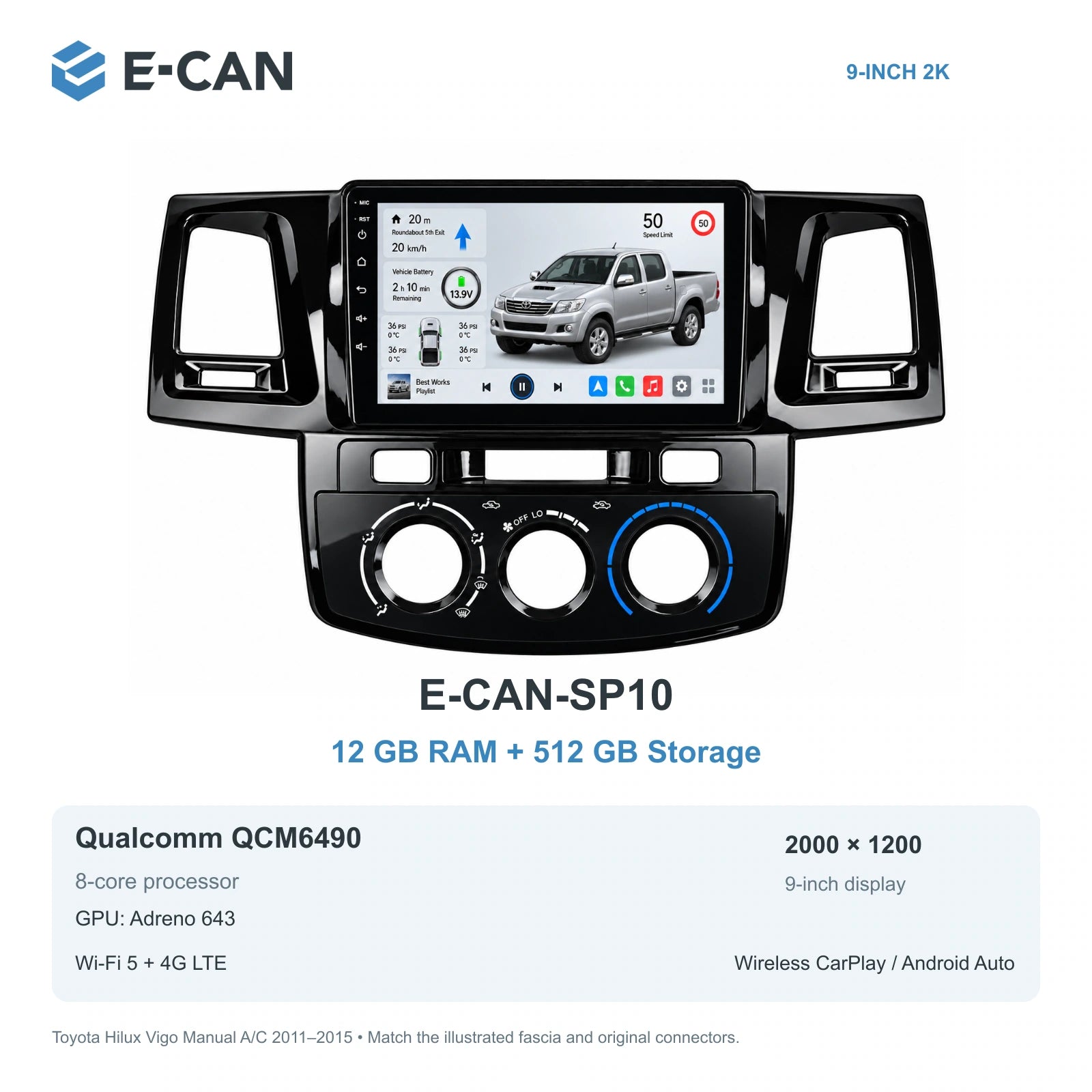 E-CAN Toyota hilux 9-inch · 2011–2015 matched fascia E-CAN-SP10 12GB + 512GB