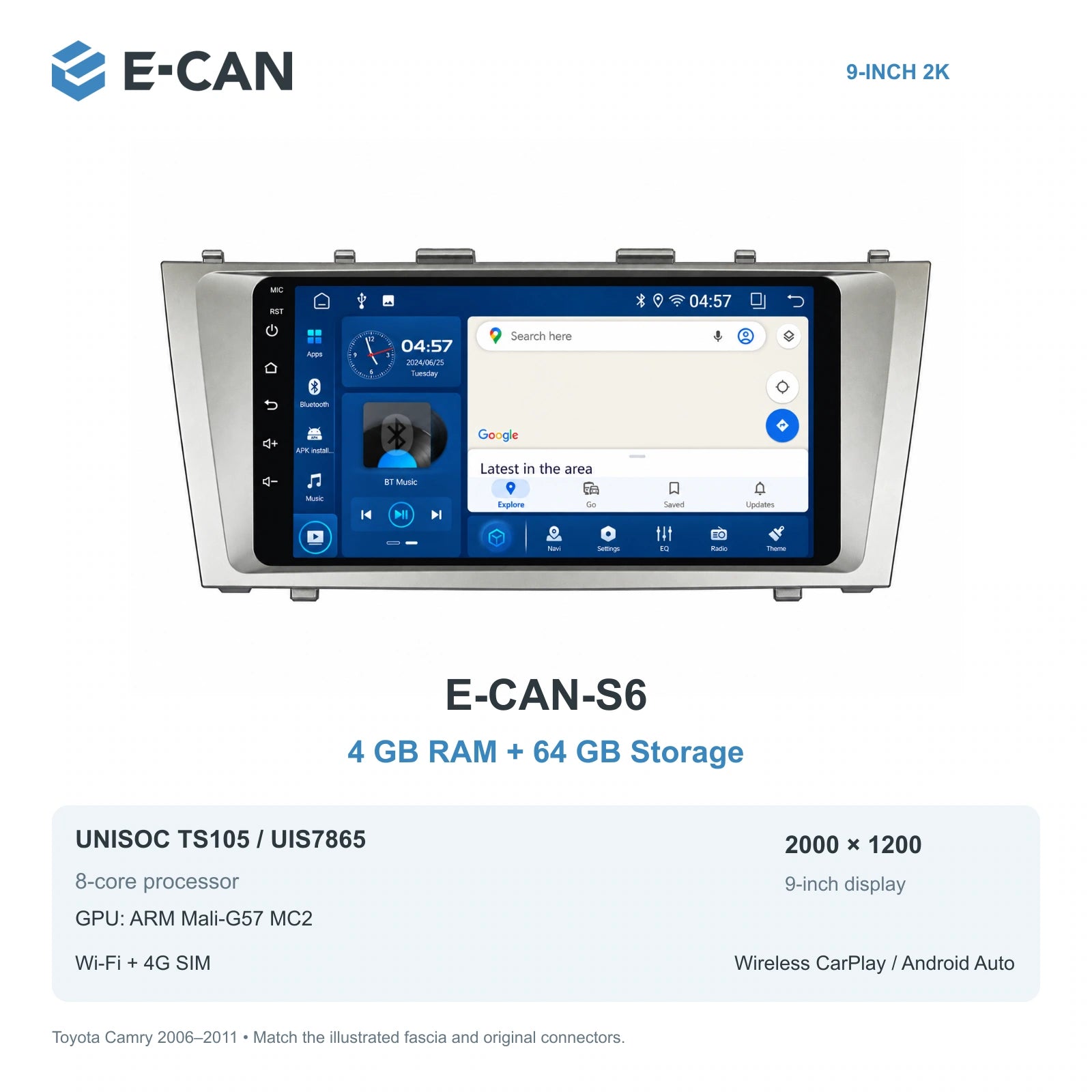 E-CAN Toyota Camry XV40 9-inch compact fascia E-CAN-S6 4GB + 64GB