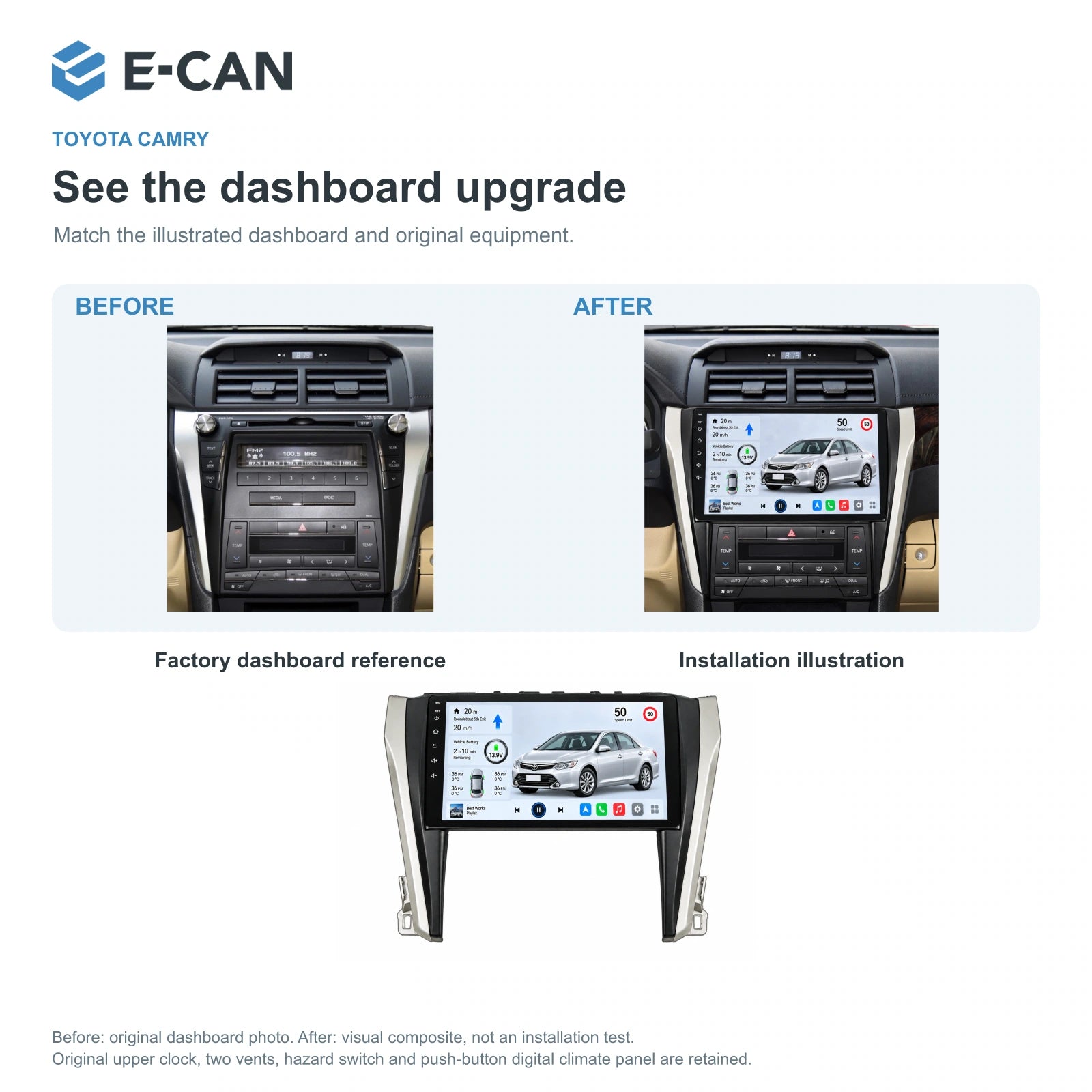 E-CAN Toyota camry Asia facelift · 2015–2017 factory dashboard and installation illustration