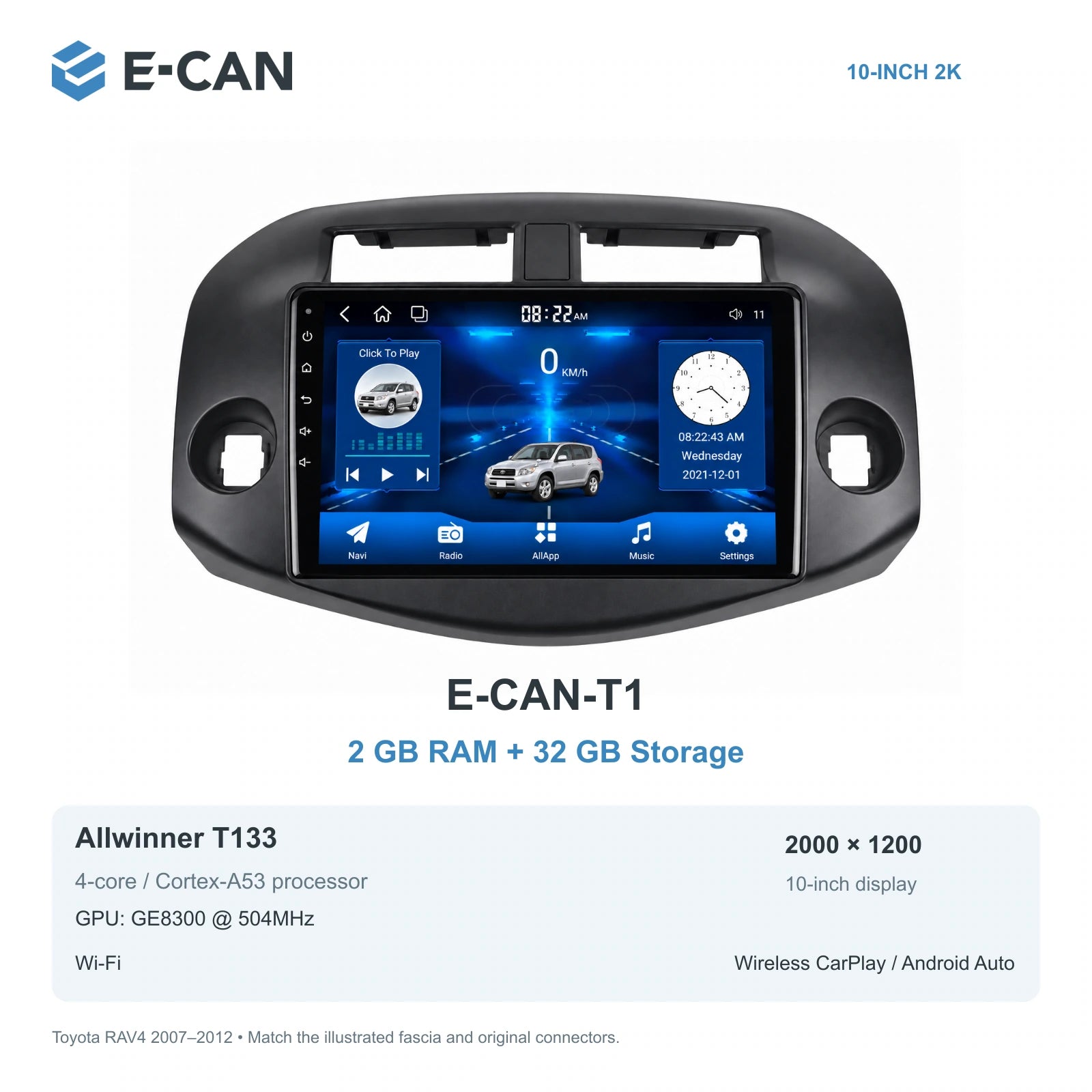 E-CAN Toyota rav4 10-inch · 2007–2012 matched fascia E-CAN-T1 2GB + 32GB