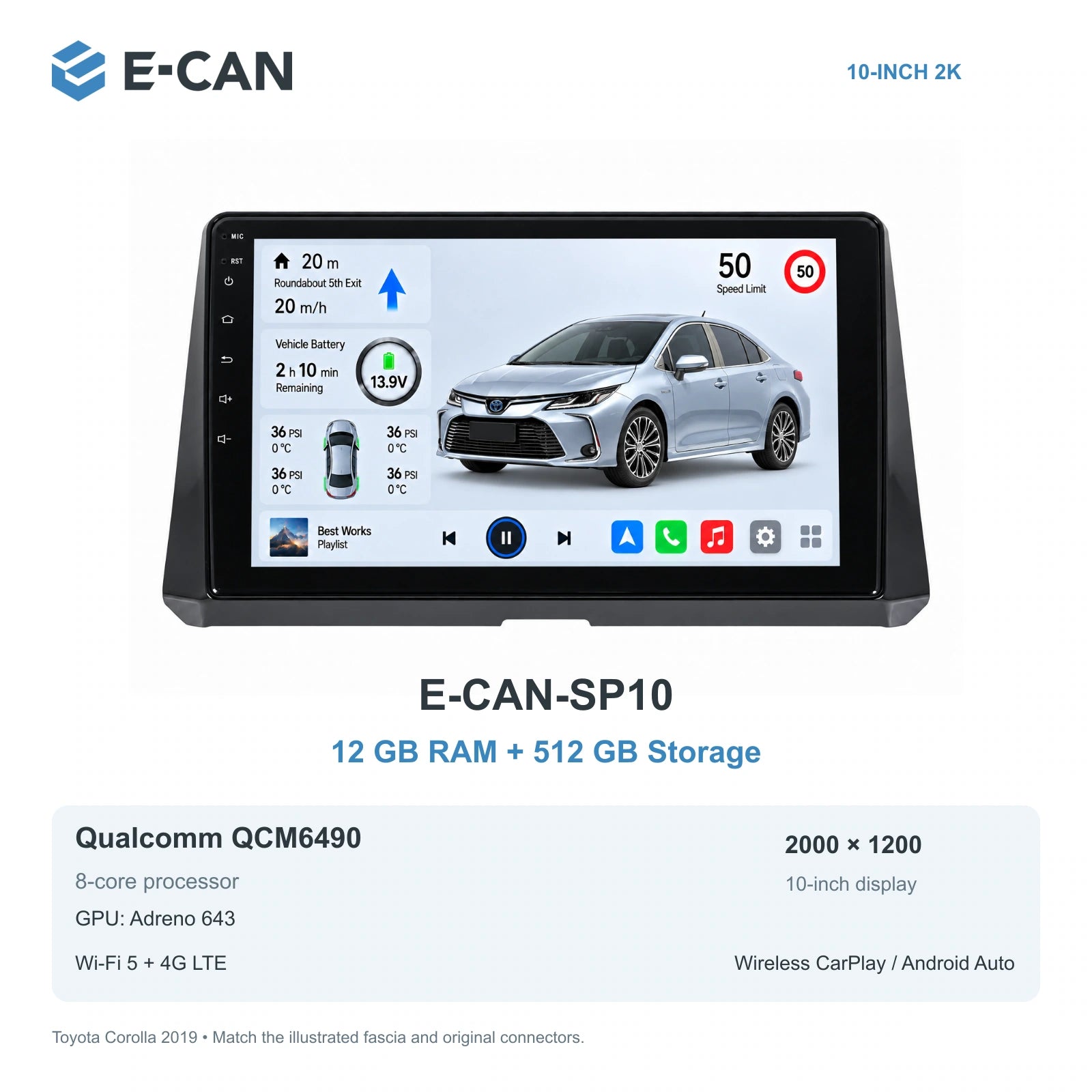 E-CAN Toyota corolla 10-inch · 2019 matched fascia E-CAN-SP10 12GB + 512GB